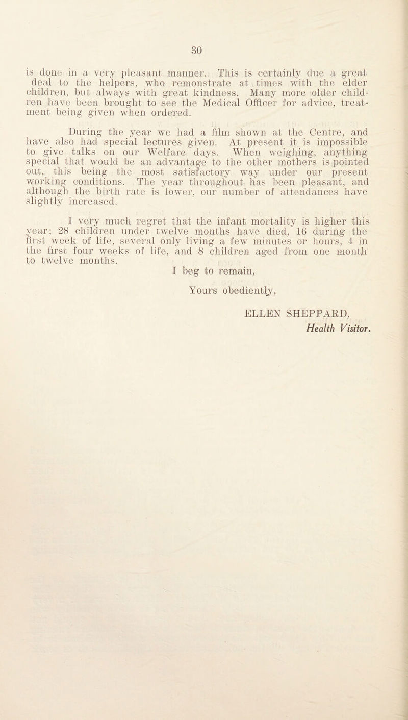 is done* in a very pleasant manner. This is certainly clue a great deal to the helpers, who remonstrate at times with the elder children, but always with great kindness. Many more older child¬ ren have been brought to see the Medical Officer for advice, treat¬ ment being given when ordered. During the year we had a film shown at the Centre, and have also had special lectures given. At present it is impossible to give talks on our Welfare days. When weighing, anything special that would be an advantage to the other mothers is pointed out, this being the most satisfactory way under our present working conditions. The year throughout has been pleasant, and although the birth rate is lower, our number of attendances have slightly increased. I very much regret that the infant mortality is higher this year; 28 children under twelve months have died, 16 during the first week of life, several only living a few minutes or hours, 4 in the first four weeks of life, and 8 children aged from one month to twelve months. I beg to remain, Yours obediently, ELLEN SHEPPARD, Health Visitor.