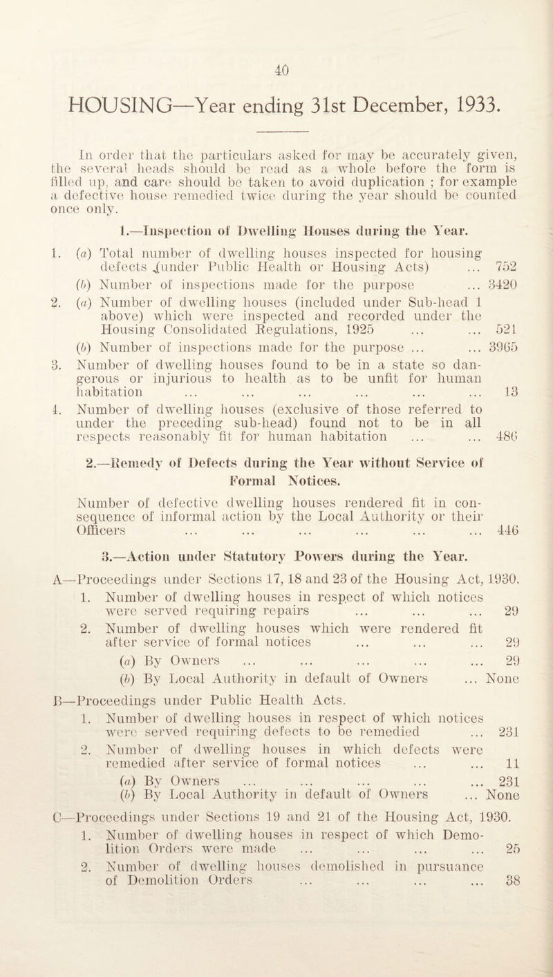HOUSING—Year ending 31st December, 1933. In order that the particulars asked for may be accurately given, the several heads should be read as a whole before the form is filled up, and care should be taken to avoid duplication ; for example a defective house remedied twice during the year should be counted once only. 1.—Inspection of Dwelling Houses during the Year. 1. (a) Total number of dwelling houses inspected for housing defects funder Public Health or Housing Acts) ... 752 (b) Number of inspections made for the purpose ... 3420 2. (a) Number of dwelling houses (included under Sub-head 1 above) which were inspected and recorded under the Housing Consolidated Regulations, 1925 ... ... 521 (b) Number of inspections made for the purpose ... ... 39G5 3. Number of dwelling houses found to be in a state so dan¬ gerous or injurious to health as to be unfit for human habitation ... ... ... ... ... ... 13 1. Number of dwelling houses (exclusive of those referred to under the preceding sub-head) found not to be in all respects reasonably fit for human habitation ... ... 48(3 2.—Remedy of Defects during the Year without Service of Formal Notices. Number of defective dwelling houses rendered fit in con¬ sequence of informal action by the Local Authority or their Officers 446 3.—Action under Statutory Powers during the Year. A—-Proceedings under Sections 17,18 and 23 of the Housing Act, 1930. 1. Number of dwelling houses in respect of which notices were served requiring repairs ... ... ... 29 2. Number of dwelling houses which were rendered fit after service of formal notices ... ... ... 29 (a) By Owners ... ... ... ... ... 29 (b) By Local Authority in default of Owners ... None B—Proceedings under Public Health Acts. 1. Number of dwelling houses in respect of which notices were served requiring defects to be remedied ... 231 2. Number of dwelling houses in which defects were remedied after service of formal notices ... ... 11 (a) By Owners ... ... ... ... ... 231 (b) By Local Authority in default of Owners ... None C—Proceedings under Sections 19 and 21 of the Housing Act, 1930. 1. Number of dwelling houses in respect of which Demo¬ lition Orders were made ... ... ... ... 25 2. Number of dwelling houses demolished in pursuance of Demolition Orders ... ... ... ... 38