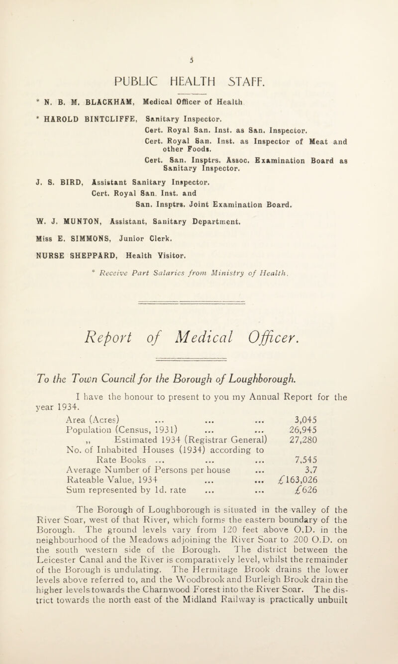 PUBLIC HEALTH 5TAFF. * N. B. M. BLACKHAM, Medical Officer of Health * HAROLD BINTCLIFFE, Sanitary Inspector. Cert. Royal San. Inst, as San. Inspector. Cert. Royal San. Inst, as Inspector of Meat and other Foods. Cert. San, Insptrs. Assoc. Examination Board as Sanitary Inspector. J. S. BIRD, Assistant Sanitary Inspector. Cert. Royal San. Inst, and San. Insptrs. Joint Examination Board. W. J. MUNTON, Assistant, Sanitary Department. Miss E. SIMMONS, Junior Clerk. NURSE SHEPPARD, Health Yisitor. * Receive Part Salaries from Ministry of Health. Report of Medical Officer. To the Town Council for the Borough of Loughborough. I have the honour to present to you my Annual Report for the year 1934. Area (Acres) ... ... ... 3,045 Population (Census, 1931) ... ... 26,945 ,, Estimated 1934 (Registrar General) 27,280 No. of Inhabited Houses (1934) according to Rate Books ... ... ... 7,545 Average Number of Persons per house ... 3,7 Rateable Value, 1934 ... ... /*163,026 Sum represented by Id. rate ... ... /*626 The Borough of Loughborough is situated in the valley of the River Soar, west of that River, which forms the eastern boundary of the Borough. The ground levels vary from 120 feet above O.D. in the neighbourhood of the Meadows adjoining the River Soar to 200 O.D. on the south western side of the Borough. The district between the Leicester Canal and the River is comparatively level, whilst the remainder of the Borough is undulating. The Hermitage Brook drains the lower levels above referred to, and the Woodbrookand Burleigh Brook drain the higher levels towards the Charnwood Lorest into the River Soar. The dis¬ trict towards the north east of the Midland Railway is practically unbuilt