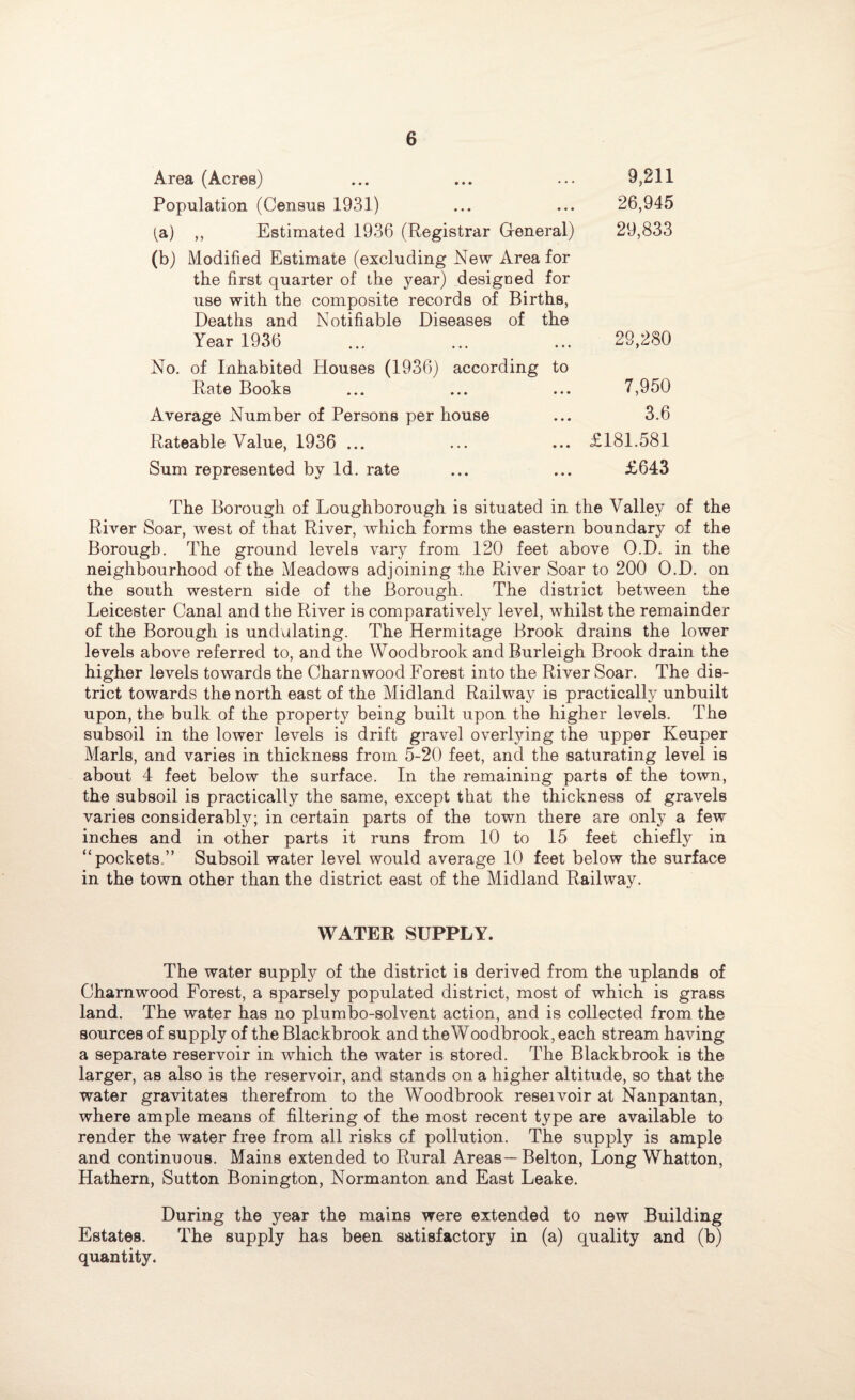 Area (Acres) ... ... ... 9,211 Population (Census 1931) ... ... 26,945 ta) ,, Estimated 1936 (Registrar General) 29,833 (b) Modified Estimate (excluding New Area for the first quarter of the year) designed for use with the composite records of Births, Deaths and Notifiable Diseases of the Year 1936 ... ... ... 29,280 No. of Inhabited Houses (1936) according to Rate Books ... ... ... 7,950 Average Number of Persons per house ... 3.6 Rateable Value, 1936 ... ... ... £181.581 Sum represented by Id. rate ... ... £643 The Borough of Loughborough is situated in the Valley of the River Soar, west of that River, which forms the eastern boundary of the Borough. The ground levels vary from 120 feet above O.D. in the neighbourhood of the Meadows adjoining the River Soar to 200 O.D. on the south western side of the Borough. The district between the Leicester Canal and the River is comparatively level, whilst the remainder of the Borough is undulating. The Hermitage Brook drains the lower levels above referred to, and the Woodbrook and Burleigh Brook drain the higher levels towards the Charnwood Forest into the River Soar. The dis¬ trict towards the north east of the Midland Railway is practically unbuilt upon, the bulk of the property being built upon the higher levels. The subsoil in the lower levels is drift gravel overlying the upper Keuper Marls, and varies in thickness from 5-20 feet, and the saturating level is about 4 feet below the surface. In the remaining parts of the town, the subsoil is practically the same, except that the thickness of gravels varies considerably; in certain parts of the town there are only a few inches and in other parts it runs from 10 to 15 feet chiefly in “pockets.” Subsoil water level would average 10 feet below the surface in the town other than the district east of the Midland Railway. WATER SUPPLY. The water supply of the district is derived from the uplands of Charnwood Forest, a sparsely populated district, most of which is grass land. The water has no plumbo-solvent action, and is collected from the sources of supply of the Blackbrook and theWoodbrook, each stream having a separate reservoir in which the water is stored. The Blackbrook is the larger, as also is the reservoir, and stands on a higher altitude, so that the water gravitates therefrom to the Woodbrook reseivoir at Nanpantan, where ample means of filtering of the most recent type are available to render the water free from all risks of pollution. The supply is ample and continuous. Mains extended to Rural Areas—Belton, Long Whatton, Hathern, Sutton Bonington, Normanton and East Leake. During the year the mains were extended to new Building Estates. The supply has been satisfactory in (a) quality and (b) quantity.