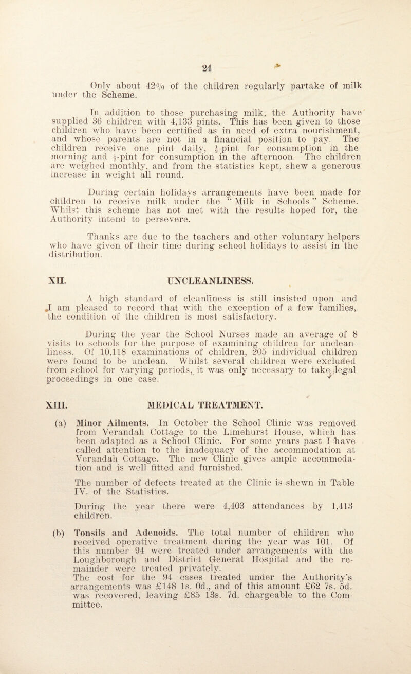 Only about 42o/o of the children regularly partake of milk under the Scheme. In addition to those purchasing milk, the Authority have supplied 36 children with 4,133 pints. This has been given to those children who have been certified as in need of extra nourishment, and whose parents are not in a financial position to pay. The children receive one pint daily, |-pint for consumption in the morning and f-pint for consumption in the afternoon. The children are weighed monthly, and from the statistics kept, shew a generous increase in weight all round. During certain holidays arrangements have been made for children to receive milk under the “ Milk in Schools ” Scheme. Whilst this scheme has not met with the results hoped for, the Authority intend to persevere. Thanks are due to the teachers and other voluntary helpers who have given of their time during school holidays to assist in the distribution. XII. UNCLEANLINESS. A high standard of cleanliness is still insisted upon and J am pleased to record that with the exception of a few families, the condition of the children is most satisfactory. During the year the School Nurses made an average of 8 visits to schools for the purpose of examining children for unclean¬ liness. Of 10,118 examinations of children, 205 individual children were found to be unclean. Whilst several children were excluded from school for varying periods, it was only necessary to take*(legal proceedings in one case. ^ XIII. MEDICAL TREATMENT. (a) Minor Ailments. In October the School Clinic was removed from Verandah Cottage to the Limehurst House, which has been adapted as a School Clinic. For some years past I 'have called attention to the inadequacy of the accommodation at Verandah Cottage. The new Clinic gives ample accommoda¬ tion and is well fitted and furnished. The number of defects treated at the Clinic is shewn in Table IV. of the Statistics. During the year there were 4,403 attendances by 1,413 children. (b) Tonsils and Adenoids. The total number of children who received operative treatment during the year was 101. Of this number 94 were treated under arrangements with the Loughborough and District General Hospital and the re¬ mainder were treated privately. The cost for the 94 cases treated under the Authority’s arrangements was £148 Is. 0d., and of this amount £62 7s. 5d. was recovered, leaving £85 13s. 7d. chargeable to the Com¬ mittee.