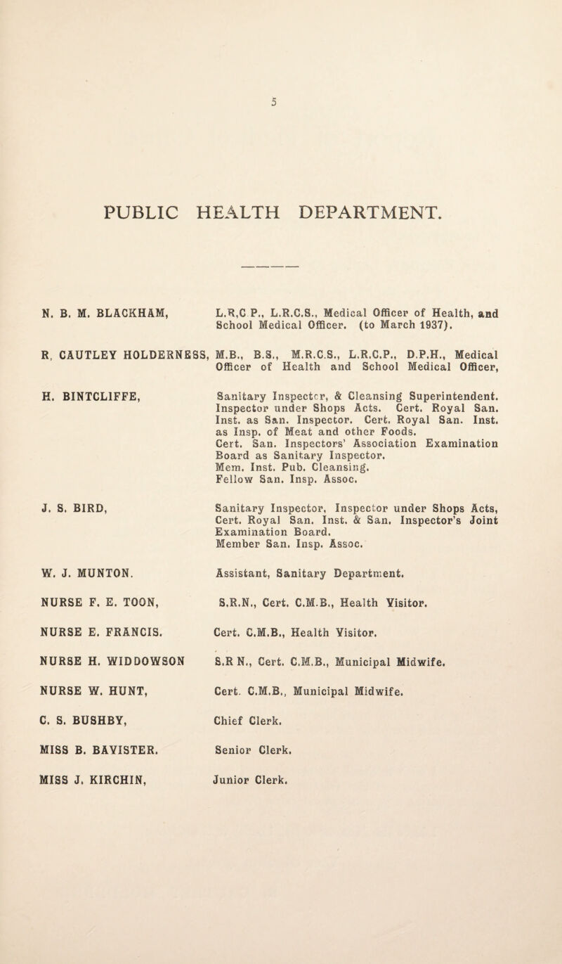 PUBLIC HEALTH DEPARTMENT. N. B. M. BLACKHAM, L.R,C P,, L.R.C.S., Medical Officer of Health, and School Medical Officer, (to March 1937). R, CAUTLEY HOLDERNESS, M.B., B.S., M.R.C.S., L.R.C.P., D.P.H., Medical Officer of Health and School Medical Officer, H. BINTCL1FFE, Sanitary Inspector, & Cleansing Superintendent. Inspector under Shops Acts. Cert. Royal San. Inst, as San. Inspector. Cert. Royal San. Inst, as Insp. of Meat and other Foods. Cert. San. Inspectors’ Association Examination Board as Sanitary Inspector. Mem. Inst. Pub. Cleansing. Fellow San. Insp. Assoc. J. S. BIRD, Sanitary Inspector, Inspector under Shops Acts, Cert. Royal San. Inst. & San, Inspector’s Joint Examination Board. Member San. Insp. Assoc. W. J. MUNTON. Assistant, Sanitary Department. NURSE F. E. TOON, S.R.N., Cert. C.M.B., Health Visitor. NURSE E. FRANCIS. Cert. C.M.B., Health Visitor. NURSE H. WIDDOWSON S.R N., Cert. C.M.B., Municipal Midwife. NURSE W. HUNT, Cert. C.M.B., Municipal Midwife. C. S. BUSHBY, Chief Clerk. MISS B. BAYISTER. Senior Clerk. MISS J. KIRCHIN, Junior Clerk.