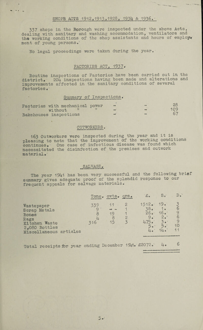 SHOPS ACTS 1912,1913,1928, 1934 & 1936,• 337 shops in the Borough were inspected under the above Acts, dealing with sanitary and washing accommodation, ventilators and the working conditions of the shop assistants and hours of employ* ment of young persons.' No legal proceedings were taken during the year. FACTORIES ACT, 1937* Routine inspections of Factories have been carried out in the district# 204 inspections having been made and alterations and improvements affected in the sanitary conditions of several factories« Summary of Inspections. Factories with mechanical power - “ without ” 51 Bakehouses inspections - 28 109 67 OUTWORKERS. 163 Outworkers were inspected during the year and it is pleasing to note that the improvement of the working conditions continues#.' One case of infectious disease was found which necessitated the disinfection of the premises and outwork material#' SALVAGE . The year 1941 has been very successful and the following brief summary gives adequate proof of the splendid response to oui frequent appeals for salvage materials. Tons. Wastepaper 339 Scrap Metals 9 Bones 8 Rags 4 Kitohen Waste 3^6 2,080 Bottles Miscellaneous articles Total receiptsfbr year ending cwts. qrs* £. S. D 11 2 1512.- 19. 3 - 1 38. 1. 6 19 1 26. 16.‘ 9 8 2 9. 2.’ 6 13 3 475. 3.' 9 5.' 5.- 10 4. ‘ 14. 11