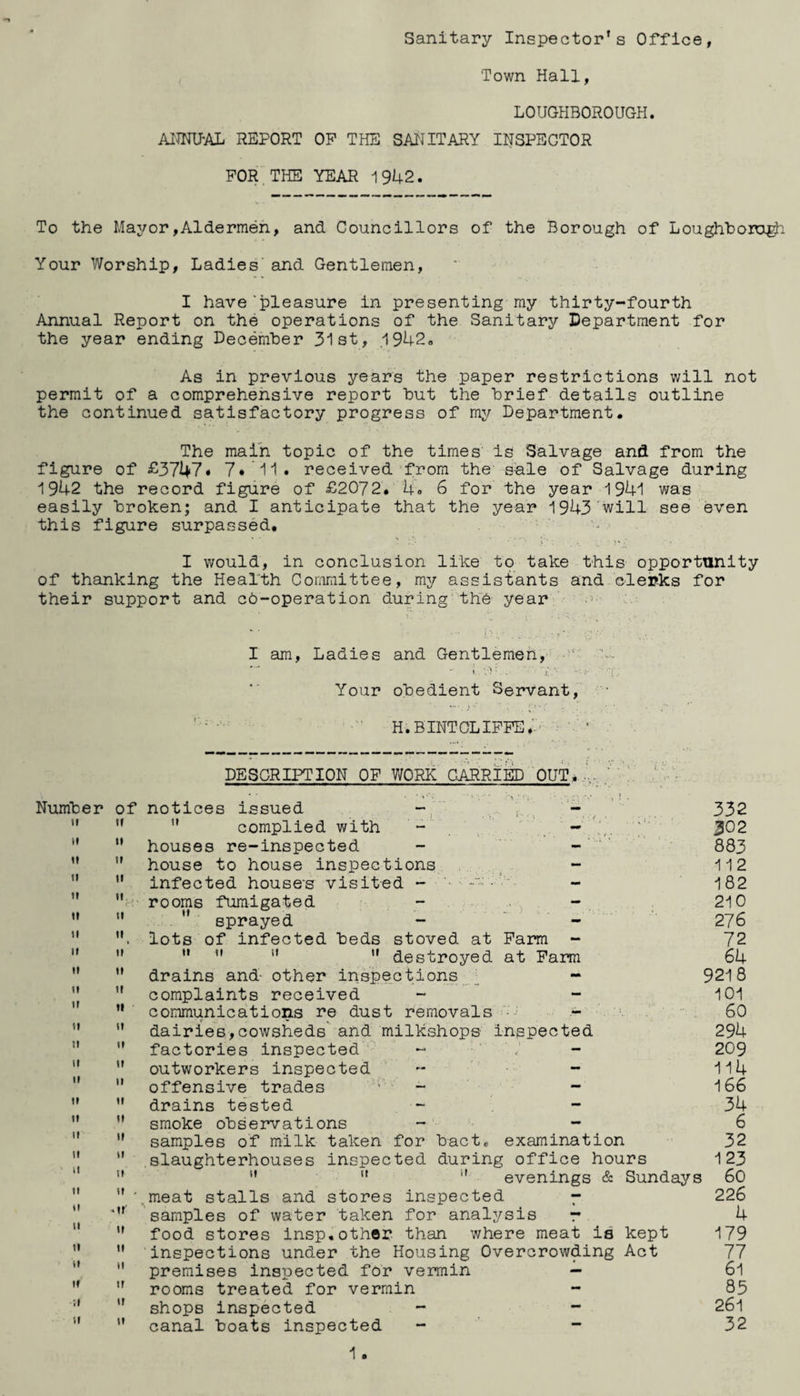 Sanitary Inspector's Office, Town Hall, LOUGHBOROUGH. ANNUAL REPORT OP THE SANITARY INSPECTOR FOR THE YEAR 1942. To the Mayor,Aldermen, and Councillors of the Borough of Loughborugh Your Worship, Ladies' and Gentlemen, I have’pleasure in presenting my thirty-fourth Annual Report on the operations of the Sanitary Department for the year ending December 31st, 1942. As in previous years the paper restrictions will not permit of a comprehensive report but the brief details outline the continued satisfactory progress of my Department. The main topic of the times is Salvage and from the figure of £3747# 7* 11. received from the sale of Salvage during 1942 the record figure of £2072. 4. 6 for the year 1941 was easily broken; and I anticipate that the year 1943 will see even this figure surpassed. I would, in conclusion like to take this opportunity of thanking the Health Committee, my assistants and clerks for their support and c6-operation during the year I am, Ladies and Gentlemen, ' w . 'i.'; - Your obedient Servant, H.BINTCLIFFE. ' • DESCRIPTION OF WORK CARRIED OUT, Number of notices issued    complied with - -   houses re-inspected   house to house inspections  infected houses visited - • -  a- rooms fumigated   ” sprayed  lots of infected beds stoved at Pam -       destroyed at Farm   drains and other inspections -  complaints received  communications re dust removals -  11 dairies,cowsheds and milkshops inspected  factories inspected  outworkers inspected  offensive trades - - -   drains tested smoke observations - -  samples of milk taken for bact„ examination  slaughterhouses inspected during office hours n   H evenings & Sundays ” '.meat stalls and stores inspected 7 samples of water taken for analysis r  food stores insp.other than where meat is kept   inspections under the Housing Overcrowding Act  premises inspected for vermin -   rooms treated for vermin ” shops inspected 11 ” canal boats inspected - - 332 302 883 112 182 210 276 72 64 9218 101 60 294 209 114 166 34 6 32 123 60 226 4 179 77 61 85 261 32