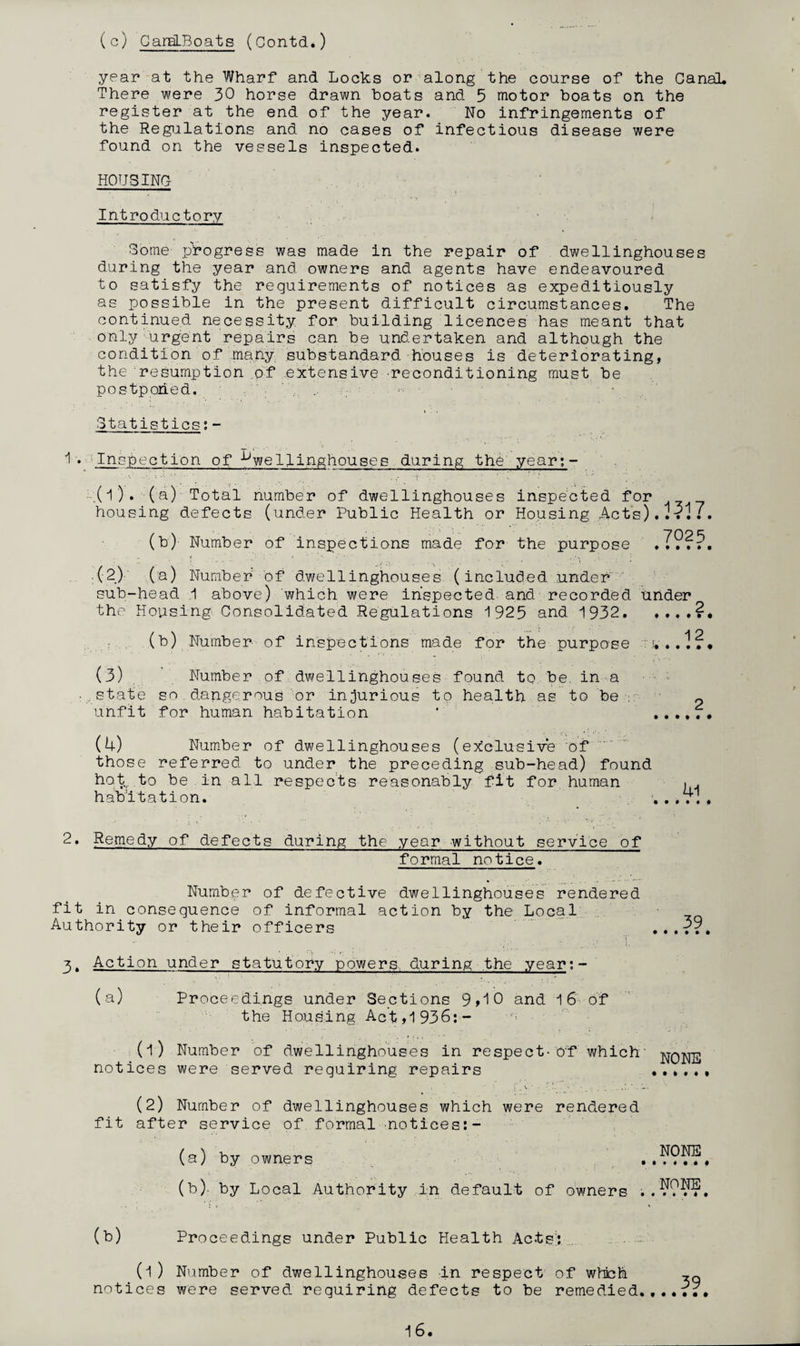 (c) CamLBoats (Contd.) year at the Wharf and Locks or along the course of the Canal. There were 30 horse drawn boats and 5 motor boats on the register at the end of the year. No infringements of the Regulations and no cases of infectious disease were found on the vessels inspected. HOUSING Introductory Some progress was made in the repair of dwellinghouses during the year and owners and agents have endeavoured to satisfy the requirements of notices as expeditiously as possible in the present difficult circumstances. The continued necessity for building licences has meant that only urgent repairs can be undertaken and although the condition of many substandard houses is deteriorating, the resumption of extensive reconditioning must be postponed, ' . ' Statistics:- 1 • Inspection of dwellinghouses during the year;- .(1). ( a) Total number of dwellinghouses inspected for housing defects (under Public Health or Housing Act’s).. Vl 7. (b) Number of inspections made for the purpose .7???. (2) (a) Numbed of dwellinghouses (included under sub-head 1 above) which were inspected and recorded tinder the Housing; Consolidated Regulations 1925 and 1932.?« (b) Number of inspections made for the purpose (3) Number of dwellinghouses found to be. in a ■state so dangerous or injurious to health as to be ; ? unfit for human habitation * ....7* (A) Number of dwellinghouses (exclusive of those referred to under the preceding sub-head) found hot to be in all respects reasonably fit for human habitation. 2. Remedy of defects during the year without service of formal notice. Number of defective dwellinghouses rendered fit in consequence of informal action by the Local Authority or their officers . . . . ? 3. Action under statutory powers during the year:- (a) Proceedings under Sections 9>10 and 16 of the Housing Act >1936:- (l) Number of dwellinghouses in respect-of which none notices were served requiring repairs ..... (2) Number of dwellinghouses which were rendered fit after service of formal notices:- (a) by owners (b) . by Local Authority in default of owners ..????. (b) Proceedings under Public Health Acts': (l) Number of dwellinghouses in respect of which notices were served requiring defects to be remedied.... 7;.