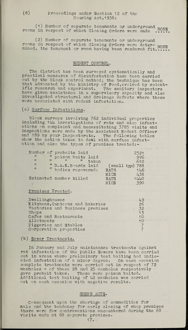 (a) proceedings under Section 12 of the Housing Act,1936; (1) Number of separate tenements of underground NnivrG, rooms in respect of which Closing Orders were made , .9yy (2) Number of separate tenements or underground rooms in respect of which Closing Orders were deter- mined, the tenement or room having been rendered fit....7 RODENT CONTROL. The district has been surveyed systematically and practical measures of disinfestation have been carried out by the block control method; the technique has been that advocated by the Ministry of Pood,evolved by scient¬ ific research and experiment. The sanitary inspectors have given assistance in a supervisory capacity and also investigated structural and drainage defects where these were associated with rodent infestation. (a) Surface Infestations. Block surveys involving 762 individual properties including 144 investigations of rats and mice infest¬ ations on complaint and necessitating 3785 visits and inspections were made by the Assistant Rodent Officer and 189 by your Inspectorate. The following tables show the action taken to deal with surface infest¬ ation and also the types of premises treated;- Number of prebaits laid 2521  poison baits laid 996    taken 610 ” D.A.K.Boards laid (small type) 788 1 bodies recovered; RATS 146 MICE 438 Estimated number killed RATS 1440 . i MICE . . 3.9.0 Premises Treated. Dwellinghouses 49 Kitchens,Canteens and Bakeries 26 factories and Business premise s 32 Shops 13 Cafes and Restaurants 10 Allotments 10- Piggeries and Stables 7 Corporation properties 7 (b) Sewer Treatments. In January and July maintenance treatments against rat infestation of the Public Sewers have been carried out in areas where preliminary test baiting had indic¬ ated infestation of a minor degree. On each occasion complete treatments were carried out in respect of 72 manholes - of these 28 and 25 manholes respectively gave prebait takes. These were poison baited. Additional test baiting of 42 manholes was carried out on each occasion with negative results. SHOPS ACTS. Consequent upon the shortage of commodities for sale and the tendency for early closing of shop premises there were few contraventions encountered during the 68 visits made at 68 separate premises.
