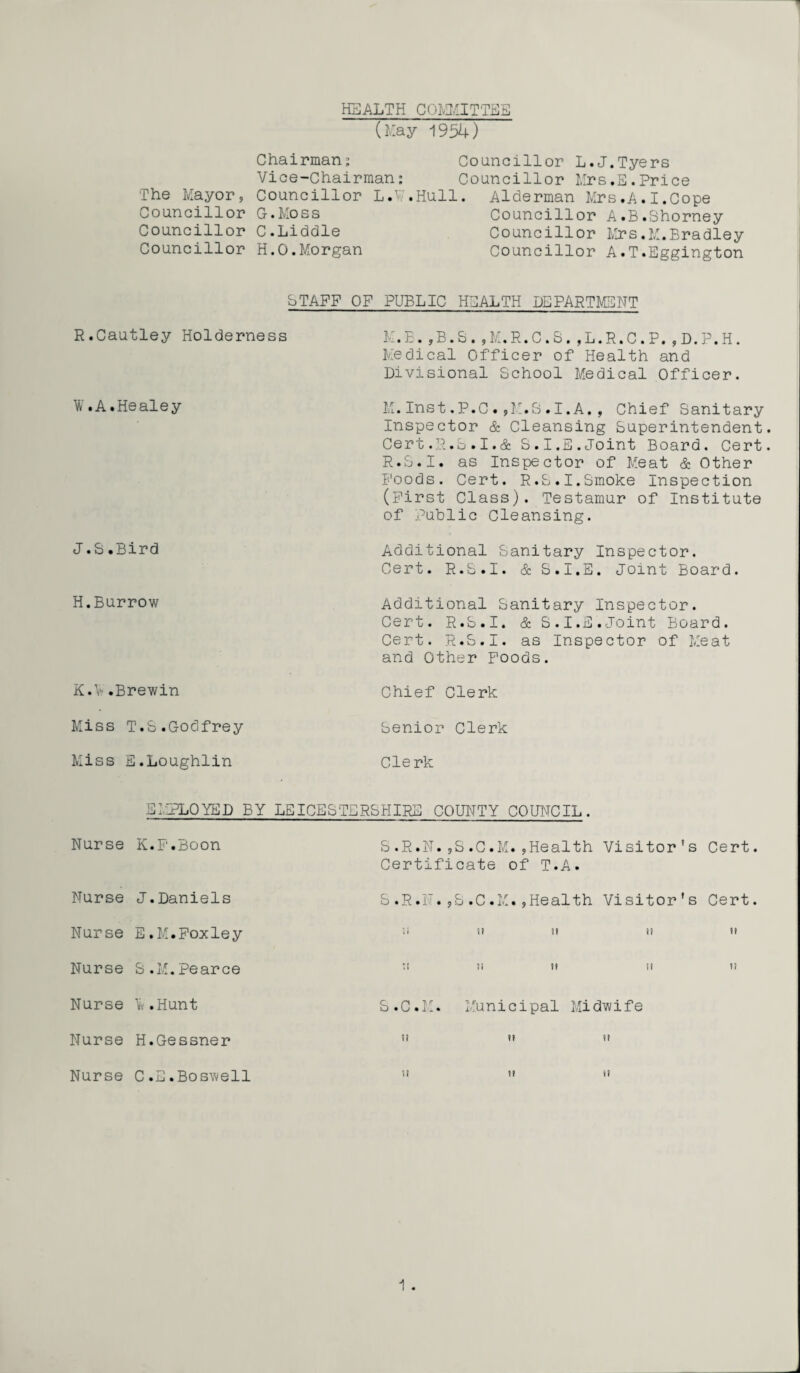 HEALTH COMMITTEE (Hay 1954) The Mayor, Councillor Councillor Councillor Chairman; Vice-Chairman: Councillor L.' G. Moss C.Liddle H. O.Morgan Councillor L.J.Tyers Councillor Mrs.E.Price Hull. Alderman Mrs,A.I.Cope Councillor A.B.Shorney Councillor Mrs,M.Bradley Councillor A.T.Eggington bTAFF OF PUBLIC HEALTH DEPARTMENT R.Cautley Holderness W.A.Healey J.S.Bird H.Burrow K.V .Brewin M.E.,B.S.,M.R.C.S.,L.R.C.P.,D.P.H. Medical Officer of Health and Divisional School Medical Officer. M.Inst.P.C.,M.S.I.A., Chief Sanitary Inspector & Cleansing Superintendent Cert.R.S.I.dfc S.I.E.Joint Board. Cert R.S.I. as Inspector of Meat & Other Foods. Cert. R.S.I.Smoke Inspection (First Class). Testamur of Institute of Public Cleansing. Additional Sanitary Inspector. Cert. R.S.I. & S.I.E. Joint Board. Additional Sanitary Inspector. Cert. R.S.I. & S.I.E.Joint Board. Cert. R.S.I. as Inspector of Meat and Other Foods. Chief Clerk Miss T.S.Godfrey Senior Clerk Miss E.Loughlin Clerk EMPLOYED BY LEICESTERSHIRE COUNTY COUNCIL. Nurse K.F’.Boon S.R.N.,S.C.M.,Health Certificate of T.A. Visitor's Cert. Nurse J.Daniels S.R.N.,S.C.M.,Health Visitor’s Cert. Nurse E. M. Foxley ;i tt it ii tt Nurse S.M.Pearce ;; it ti it t; Nurse \.Hunt S.C.M. Municipal Midwife Nurse H.Gessner si ti tt Nurse C.E.Boswell tt ti it