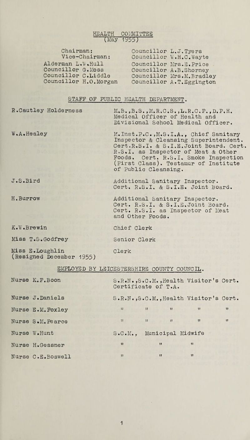 HEALTH COMMITTEE -CMay'Ty'55)- Chairman: Vice-Chairman: Alderman L.liv.Hull Councillor G.Moss Councillor C.Liddle Councillor H.O.Morgan Councillor L.J.Tyers Councillor W.H.C.'Wayte Councillor Mrs.S.Price Councillor A.B.Shorney Councillor Mrs.M.Bradley Councillor A.T.Eggington STAFF OF PUBLIC HEALTH DEPARTMENT. R.Cautley Holderness W.A.Healey J.S.Bird H.Burrow K.V.Brewin Miss T.S.Godfrey Miss E.Loughlin (Resigned December 1955) M.B.,B.S.,M.R.C.S,,L.R.C.P.,D.P.H. Medical Officer of Health and Divisional School Medical Officer. M.Inst.P.C. ,M.S,I.A., Chief Sanitary Inspector & Cleansing Superintendent. Cert.R.S.I, & S.I.E.Joint Board. Cert. R.S.I, as Inspector of Meat & Other Foods. Cert. R.S.I. Smoke Inspection (First Class). Testamur of Institute of Public Cleansing. Additional Sanitary Inspector. Cert. R.S.I. & S.I.E. Joint Board. Additional Sanitary Inspector. Cert. R.S.I. & S.I.E.Joint Board, Cert. R.S.I. as Inspector of Meat and Other Foods. Chief Clerk Senior Clerk Clerk EMPLOYED BY LEICESTERSHIRE COUNTY COUNCIL. Nurse K.F.Boon Nurse J.Daniels Nurse E.M.Foxley Nurse S *M.Pearce Nurse V/ .Hunt Nurse H.Gessner Nurse C.E.Boswell S.R«N.,S*C.M. ,Health Visitor's Cert. Certificate of T.A. S.R.N.,S.C.M.,Health Visitor's Cert, II S.C.M. it it Municipal Midwife it it