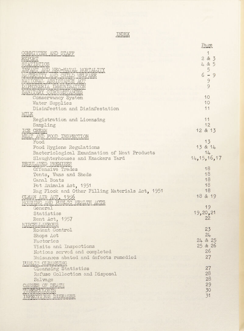 INDEX COMMITTEE AND STAFF 1 REPORT 2 & 3 STATISTICS A & 5 INFANT AND NEO-NATAL MORTALITY 5 MATERNITY AND CHILD WELFARE 6-9 NATIONAL ASSISTANCE ACT 9 DIPHTHERIA IMMUNISATION 9 SANITARY CIRCUMSTANGES ' Conservancy System 10 Water Supplies 10 Disinfection and Disinfestat ion 11 MILK Registration and Licensing 11 Sampling 12 ICE CREAM' 12 & 13 MEAT AND FOOD INSPECTION Food 13 Food Hygiene Regulations 11 & 14 Bacteriological Examination of Meat Products U Slaughterhouses and Knackers Yard 14,15,16,1 REGULATED PREMISES Offensive Trades 18 Tents, Vans and Sheds 18 Canal Boats 18 Pet Animals Act, 1951 18 Rag Flock and Other Filling Materials Act, 1951 18 CLEAN AIR ACT, 1936 18 & 19 HOUSING AND HJBLIC HEALTH ACTS General 19 Statistics 19,20,21 Rent Act, 1957 22 MISCELLANEOUS Rodent Control 23 Shops Act 24 Factories 24 & 25 Visits and Inspections 25 & 26 Notices served and completed 26 Nuisances abated and defects remedied 27 HJBLIC CLEANSING Cleansing Statistics 27 Refuse Collection and Dispos .al 28 Salvage 28 CAUSES OF DEATH 29 TUBERCULOSIS 30 IlffiECTIOUS DISEASES 31