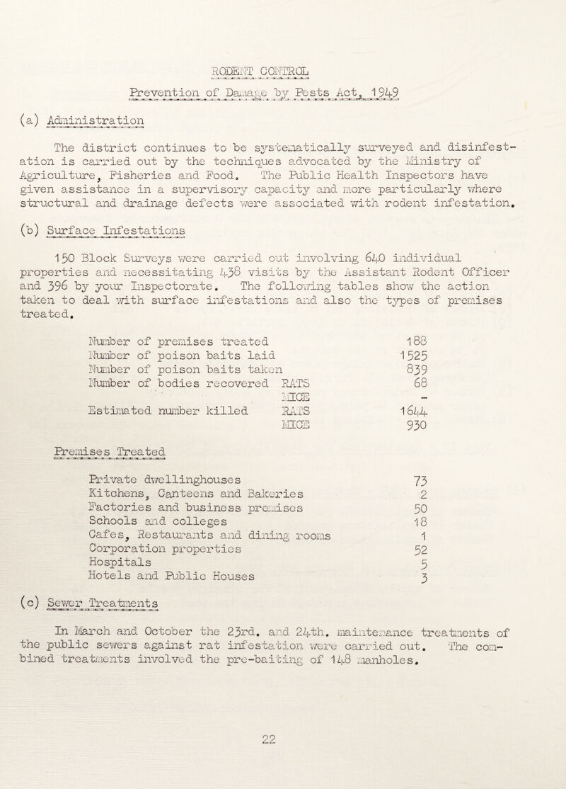 RODENT CONTROL Prevention of Damage by Pests Act, 1949 (a) Ad-iiinistration The district continues to be systematically surveyed and disinfest ation is carried out by the techniques advocated by the Ministry of Agriculture, Fisheries and Pood, The Public Health Inspectors have given assistance in a supervisory capacity and more particularly where structural and drainage defects were associated with rodent infestation (b) Surf.ace JEnf^sjtations 150 Block Surveys were carried out involving 6A0 individual properties and necessitating 438 visits by the Assistant Rodent Officer and 396 by your Inspectorate. The following tables show’ the action taken to deal with surface infestations and also the types of premises treated. Number of premises treated 188 Number of poison baits laid 1525 Number of poison baits taken 839 Number of bodies recovered RATS 68 ’ • MCE Estimated number killed RATS 1644 MICE 930 Premises Treated --ar .'jL JTr at. Private dwellinghouse s 73 Kitchens9 Canteens and Bakeries 2 Factories and business premises 50 Schools and colleges 18 Cafes, Restaurants and dining rooms 1 Corporation properties 52 Hospitals 5 Hotels and Public Houses 3 (c) S ewe r Tr e a tine nt s ' cs-rav. H-jar.«rgr-..^r.raKa-a^aatf. ac.~ tm In March and October the public sewers against bined treatments involved the 23rd, and 24th, maintenance treatments of rat infestation were carried out. The com- the pro-baiting of 148 manholes.