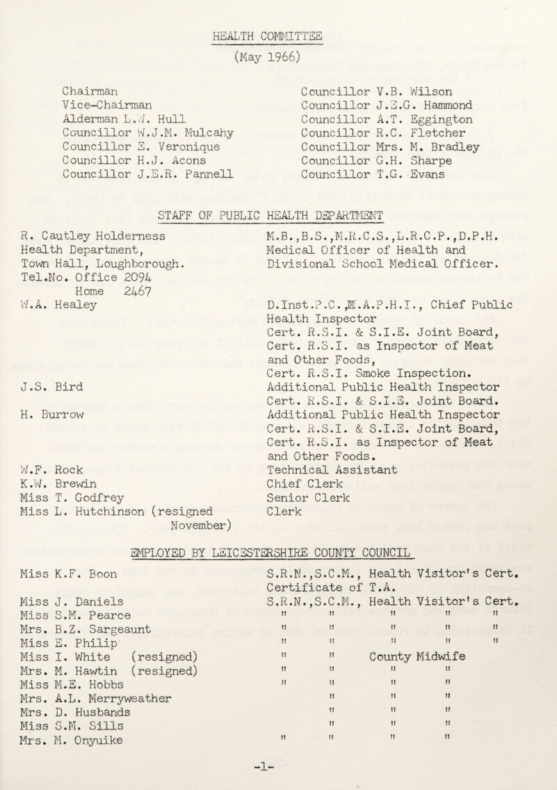 HEALTH COMMITTEE (May 1966) Chairman Vice-Chairman Alderman L.W. Hull Councillor W.J.M. Mulcahy C ouncillor S. V er onique Councillor H.J. Aeons Councillor J.S.R. Panne11 Councillor V.B. Wilson Councillor J.E.G. Hammond Councillor A.T. Eggington Councillor R.C. Fletcher Councillor Mrs. M. Bradley Councillor G.H. Sharpe Councillor T.G. Evans STAFF OF PUBLIC HEALTH DEPARTMENT R. Cautley Holdemess Health Department, Town Hall, Loughborough. Tel.No. Office 2094 Home 2467 W.A. Healey J.S. Bird H. Burrow W.F. Rock K.W. Brewin Miss T. Godfrey Miss L. Hutchinson (resigned November) M.B.,B.S.,M.R.C.S.,L.R.C.P.,D.P.H. Medical Officer of Health and Divisional School Medical Officer. D.Inst.P.C.^.A.P.H.I., Chief Public Health Inspector Cert. R.S.I. & S.I.E. Joint Board, Cert. R.S.I. as Inspector of Meat and Other Foods, Cert. R.S.I. Smoke Inspection. Additional Public Health Inspector Cert. R.S.I. & S.I.E. Joint Board. Additional Public Health Inspector Cert. R.S.I. & S.I.E. Joint Board, Cert. R.S.I. as Inspector of Meat and Other Foods. Technical Assistant Chief Clerk Senior Clerk Clerk EMPLOYED BY LEICESTERSHIRE COUNTY COUNCIL Miss K.F. Boon Miss J. Daniels Miss S.M. Pearce Mrs. B.Z. Sargeaunt Miss E. Philip' Miss I. White (resigned) Mrs. M. Hawtin (resigned) Miss M.E. Hobbs Mrs. A.L. Merryweather Mrs. D. Husbands Miss S.M. Sills Mrs. M. Onyuike S.R.N.,S.C.M., Health Visitor’s Cert, Certificate of T.A. S.R.N.,S.C.M., Health Visitor’s Cert. tt 1! tt M tt tt tt tt m n tt tt u tt tt ” ,f County Midwife tt u tt u It It M tt tt tt ti tt »t tt tt »t 11 n tt tt tt -1-