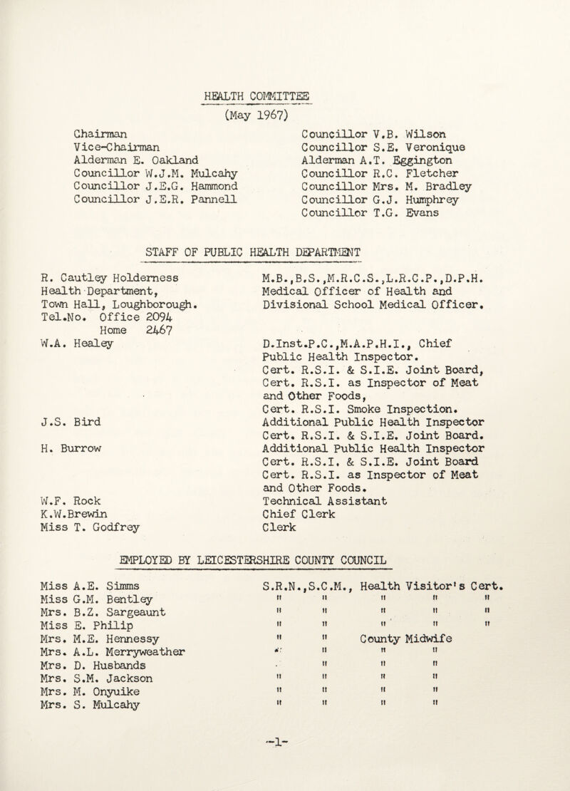 HEALTH COMMITTEE (May 1967) Chairman Vice-Chairman Alderman E. Oakland Councillor W.J.M. Mulcahy Councillor J.E.G. Hammond Councillor J.E.R. Pannell Councillor V.B. Wilson Councillor S.E. Veronique Alderman A.T. Eggington Councillor R.C. Fletcher Councillor Mrs* M. Bradley Councillor G.J. Humphrey Councillor T.G. Evans STAFF OF PUBLIC HEALTH DEPARTMENT R. Cautley Holdemess Health Department, Town Hall, Loughborough. Tel.No. Office 2094 Home 2467 W.A. Healey J.S. Bird H. Burrow W.F. Rock K.W.Brewin Miss T. Godfrey M.B.,B.S. ,M.R.C .S. ,L.R.C .P. ,D.P.H. Medical Officer of Health and Divisional School Medical Officer. D.Inst.p.C.,M.A.P.H.I., Chief Public Health Inspector. Cert. R.S.I. & S.I.E. Joint Board, Cert. R.S.I. as Inspector of Meat and Other Foods, Cert. R.S.I. Smoke Inspection. Additional Public Health Inspector Cert. R.S.I. & S.I.E. Joint Board. Additional Public Health Inspector Cert. R.S.I, & S.I.E. Joint Board Cert. R.S.I. as Inspector of Meat and Other Foods. Technical Assistant Chief Clerk Clerk EMPLOYED BY LEICESTERSHIRE COUNTY COUNCIL Miss A.E. Simms S.R.N. ,S.C.M., Health Visitor1 s Cert Miss G.M. Bentley t» it it tt t? Mrs. B.Z. Sargeaunt it tt » tt it Miss E. Philip It it n ft tt Mrs. M.E. Hennessy It tt County Midwife Mrs. A.L. Merryweather 4'. tt tt it Mrs. D. Husbands - ■ tt tt tt Mrs. S.M. Jackson It it rt tt Mrs. M. Onyuike It tt tt tt Mrs. S. Mulcahy It n it tt