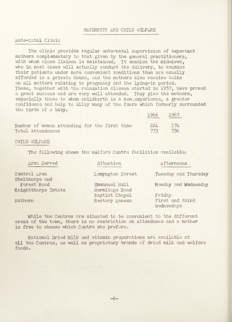 MATERNITY AND CHILD WELFARE Ante-natal Clinic The clinic provides regular ante-natal supervision of expectant mothers complementary to that given by the general practitioners, with whom close liaison is maintained. It enables the midwives, who in most cases will actually conduct the delivery, to examine their patients under more convenient conditions than are usually afforded in a private House, and the mothers also receive talks on all matters relating to pregnancy and the lying-in period. These, together with the relaxation classes started in 1957, have proved a great success and are very well attended. They give the mothers, especially those to whom childbirth is a new.:experience, a greater confidence and help to allay many of the fears which formerly surrounded the birth of a baby. 1966 1967 Number of lAromen attending for the first time 224 174 Total attendances 773 736 CHILD WELFARE The following shows the Welfare Centre facilities available: Area Served Central Area Shelthorpe and Forest Road Knightthorpe Estate Hathern Situation Lemyngton Street Emmanuel Hall Hermitage Road Baptist Chapel Rectory Annexe Afternoons Tuesday and Thursday Monday and Wednesday Friday First and third Wednesdays While the Centres are situated to be convenient to the different areas of the town, there is no restriction on attendance and a mother is free to choose which Centre she prefers. National Dried Milk and vitamin preparations are available at all the Centres, as well as proprietary brands of dried milk and welfare foods. -6-