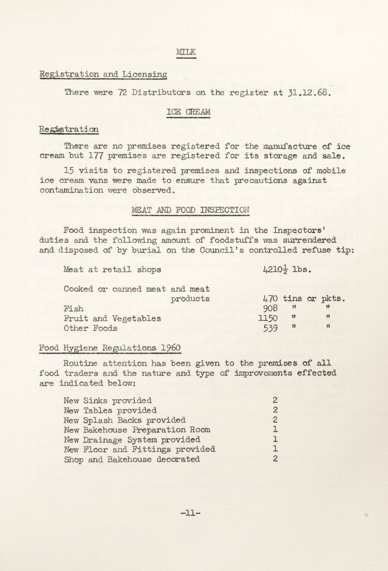 MILK Registration and Licensing There were 72 Distributors on the register at 31*12.68. ICE CREAM Registration ' There are no premises registered for the manufacture of ice cream but 177 premises are registered for its storage and sale. 15 visits to registered premises and inspections of mobile ice cream vans were made to ensure that precautions against contamination were observed. MEAT AND FOOD INSPECTION Food inspection was again prominent in the Inspectors' duties and the following amount of foodstuffs was surrendered and disposed of by burial on the Council’s controlled refuse tip: Meat at retail shops 4210-1 lbs. Cooked or canned meat and meat products 470 tins or pkts. Fish 908 ” Fruit and Vegetables 1150  Other Foods 539  n Food Hygiene Regulations I960 Routine attention has been given to the premises of all food traders and the nature and type of improvements effected are indicated below: New Sinks provided 2 New Tables provided 2 New Splash Backs provided 2 New Bakehouse Preparation Room 1 New Drainage System provided 1 New Floor and Fittings provided 1 Shop and Bakehouse decorated 2 -11-