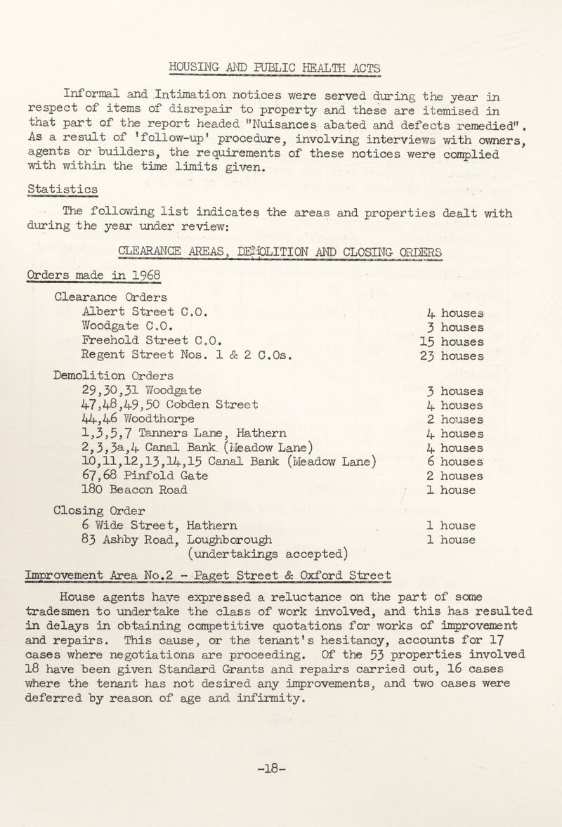 HOUSING- AND HJBLIC HEALTH ACTS Ini ormal and Intimation notices were served during the year in respect of items of disrepair to property and these are itemised in that part of the report headed '’Nuisances abated and defects remedied”. As a result of ’follow-up’ procedure, involving interviews with owners, agents or builders, the requirements of these notices were complied with within the time limits given. Statistics a—a—a—— The following list indicates the areas and properties dealt with during the year under review: CLEARANCE AREAS, DEMOLITION AND CLOSING- ORDERS Orders made in 1968 Clearance Orders Albert Street C.O. Woodgate Co0. Freehold Street C.O. Regent Street Nos. 1 & 2 C.Os. Demolition Orders 29,30,31 Woodgate 47,48,49,50 Cobden Street 44-, 46 Y/oodthorpe ^->3,5,7 Tanners Lane, Ha them 2,3,3a,4 Canal Bank. (Meadow Lane) 10,11,12,13,14,15 Canal Bank (Meadow Lane) 67,68 Pinfold Gate 180 Beacon Road Closing Order 6 Wide Street, Ha them 83 Ashby Road, Loughborough (undertakings accepted) Improvement Area No.2 - Paget Street & Oxford Stre House agents have expressed a reluctance on the part of some tradesmen to undertake the class of work involved, and this has resulted in delays in obtaining competitive quotations for works of improvement and repairs. This cause, or the tenant’s hesitancy, accounts for 17 cases where negotiations are proceeding. Of the 53 properties involved 18 have been given Standard Grants and repairs carried out, 16 cases where the tenant has not desired any improvements, and two cases were deferred by reason of age and infirmity. 4 houses 3 houses 15 houses 23 houses 3 houses 4 houses 2 houses 4 houses 4 houses 6 houses 2 houses L house 1 house 1 house -18-