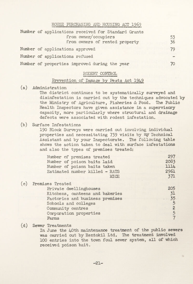 HOUSE PURCHASING AND HOUSING ACT 1969 Number of applications received for Standard Grants from owner/occupiers 53 from owners of rented property 36 Number of applications approved 79 Number of applications refused - Number of properties improved during the year 70 RODENT CONTROL Prevention of Damage by Pests Act 1949 (a) Administration The district continues to be systematically surveyed and disinfestation is carried out by the techniques advocated by the Ministry of Agriculture, Fisheries & Food. The Public Health Inspectors have given assistance in a supervisory capacity, more particularly where structural and drainage defects were associated with rodent infestation. (b) Surface Infestations 190 Block Surveys were carried out involving individual properties and necessitating 739 visits by my Technical Assistant and by your Inspectorate. The follov/ing table shows the action taken to deal with surface infestations and also the types of premises treated: Number of premises treated 297 Number of poison baits laid 2083 Number of poison baits taken 1114 Estimated number killed - RATS 2961 MCE 371 (c) Premises Treated Private dwellinghouses 205 Kitchens, canteens and bakeries 31 Factories and business premises — 35 Schools and colleges 5 Community centres 2 Corporation properties 5 Farms 7 (d) Sewer Treatments In June the 40th maintenance treatment of the public sewers was carried out by Rentokil Ltd. The treatment involved 100 entries into the town foul sewer system, all of which received poison bait. -21-