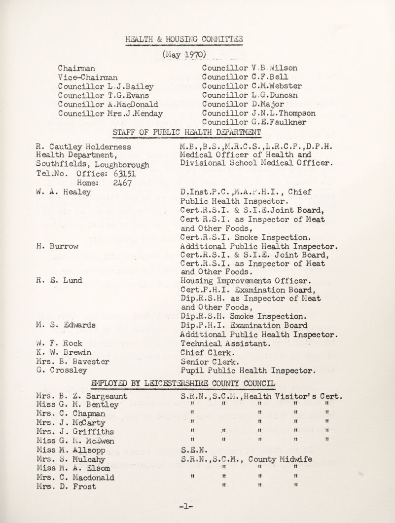 HEALTH & HOUSING COMMITTEE (May 1970) C hairman Vice-Chairman C ouncillor L. J. B ailey Councillor T.G.Evans Councillor A .MacDonald Councillor Mrs .J .Monday C ounciHor V . B. Wilson Councillor C.F.Bell Councillor C.M.Webster Councillor L.G.Duncan Councillor D.Major Councillor J.N.L.Thompson Councillor G.E.Faulkner STAFF OF PUBLIC HEALTH DEPARTMENT R. Cautley Holderness Health Department, Southfields, Loughborough Tel .No. Office: 63151 Home: 2467 W. A. Healey H. Burrow R. E. Lund M. 3. Edwards W. F. Rock K. W. Brewin Mrs. B. Bavester G. Crossley M.B.,B.S.,M.R.C.S.,L.R.C.P.,D.P.H. Medical Officer of Health and Divisional School Medical Officer. D.Inst.P.C. ,M.A.F.H.I. , Chief Public Health Inspector. Cert.R.S.I. & S.I.E.Joint Board, Cert R.S.I. as Inspector of Meat and Other Foods, Cert.R.S.I. Smoke Inspection. Additional Public Health Inspector. Cert.R.S.I. & S.I.S. Joint Board, Cert.R.S.I. as Inspector of Meat and Other Foods. Housing Improvements Officer. Cert.P.H.I. Examination Board, Dip.R.S.H. as Inspector of Meat and Other Foods, Dip.R.S.H. Smoke Inspection. Dip.P.H.I. Examination Board Additional Public Health Inspector. Technical Assistant. Chief Clerk. Senior Clerk. Pupil Public Health Inspector. EMPLOYED BY LEICESTERSHIRE COUNTY COUNCIL Mrs. B. Z. Sargeaunt Miss G. M. Bentley Mrs. C. Chapman Mrs. J. McCarty Mrs. J. Griffiths Miss G. M. McEwen Miss M. AUsopp Mrs. S. Mulcahy Miss M. A. Elsom Mrs. C, Macdonald Mrs. D. Frost S.R.N. ,S.C.M., Health Visitor’s Cert. ii ii it tt n it tt tt tt tt n tt tt it it tt tt it tt tr n tt tt S.E.N. S.R.N. ,S.C.M., County Midwife it n tt tt tt tt tt tt tt tt