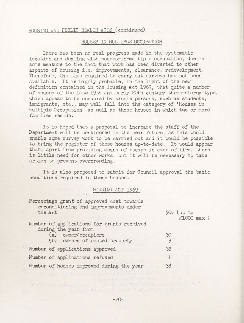 HOUSES IN MULTIPLE OCCUPATION There has been no real progress made in the systematic location and dealing with houses-in-multiple occupation, due in some measure to the fact that work has been diverted to other aspects of housing i.e. improvements, clearance, redevelopment. Therefore, the time required to carry out surveys has not been available. It is highly probable, in the light of the new definition contained in the Housing Act 1969, that quite a number of houses of the late 19th and early 20th century three-storey type, which appear to be occupied by single persons, such as students, immigrants, etc., may well fall into the category of ’Houses in Multiple Occupation’ as well as those houses in which two or more families reside. It is hoped that a proposal to increase the staff of the Department will be considered in the near future, as this would enable some survey work to be carried out and it would be possible to bring the register of these houses up-to-date. It would appear that, apart from providing means of escape in case of fire, there is little need for other works, but it will be necessary to take action to prevent overcrowding. It is also proposed to submit for Council approval the basic conditions required in these houses. HOUSING ACT 1969 Percentage grant of approved cost towards reconditioning and improvements under the Act Number of applications for grants received during the year from (a) owner/occupiers (bj owners of rented property Number of applications approved Number of applications refused Number of houses improved during the year 50- (up to £1000 max.) 30 9 38 1 38 -20-