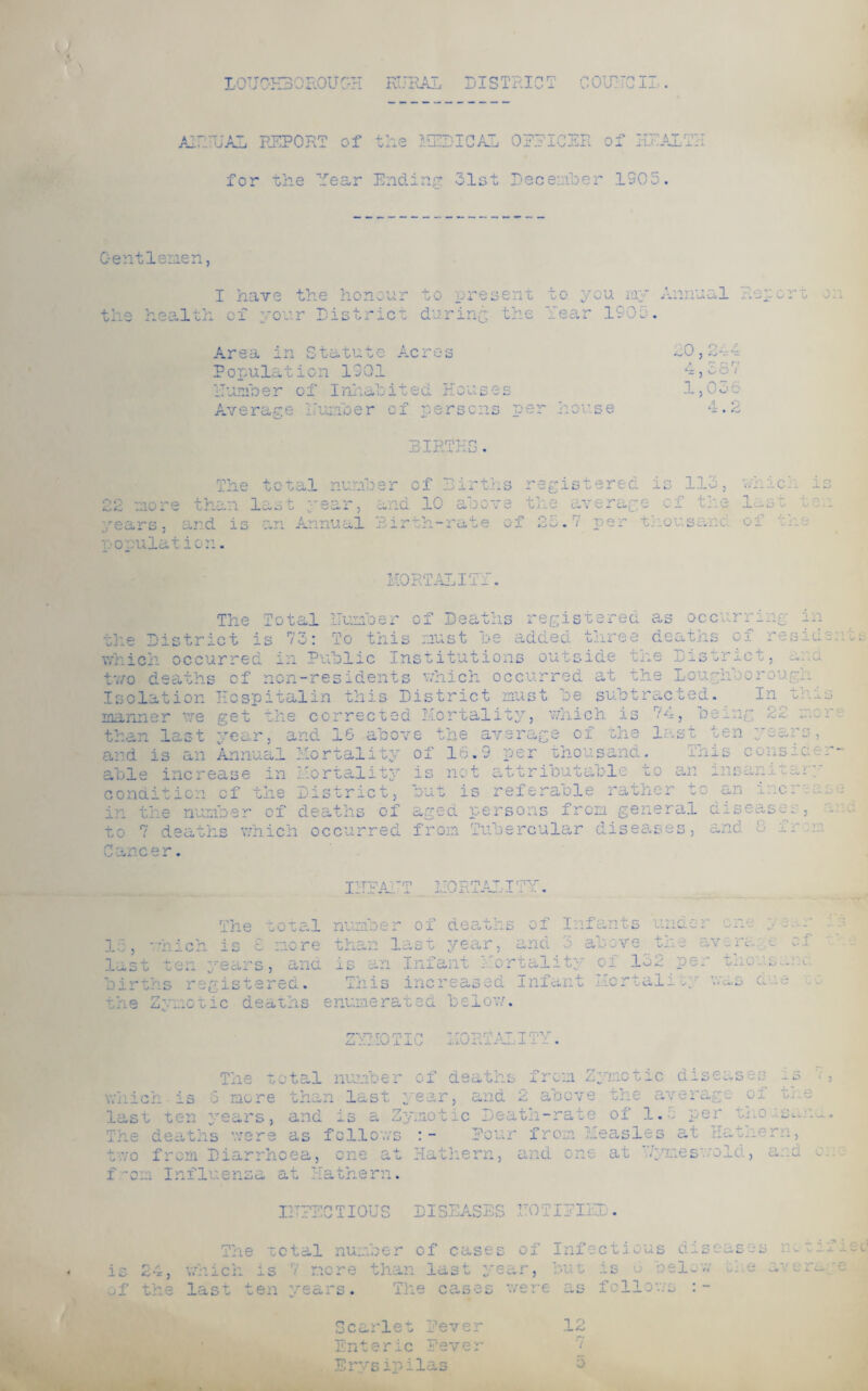LOU C-K30R0U C-H RURAL DISTRICT COUNCIL A1IUUAL REPORT of the MEDICAL 0PRICER of HEAL' for the Year Ending 31st December 1905. Gentlemen, I have the honour to present to you my Annual 3 health of your District during the Year 1905. Area in Statute Acres Population 1001 Humber of Inhabited Houses Averase Dumber of persons per house 20,244 4, o S 7 1,055 4.2 on r, o no re s wemulation. The total number of Births registered is 113, which is sar, and 10 above the average of the last ton :• •• i ' g 0 cl> r S j 512? d IS CLal -Auinllctl Sj i r i ii w.6 0 1 i.2><s • ( [P tdi 5. .Oi.&chA. 0 d. 7.xr\rr. at T^  ILUKliujl ii- • The Total ilunoer of Deaths registered as occurring in V o T> t ofr ^ nr i c r/ / wiiw 1/j.o Ul J.O l; -50 To this must be added three deaths of reside;i which occurred in Public Institutions outside tue District, two deaths of non-residents which occurred at the Loughborough Isolation manner me than last and is an able increase in condition of Hospitalin this District must be subtracted. In get the corrected Mortality, which is 74, bein/ year, and 16 above the average of Annual :he last ten o n -i. s 22 mo r e a r s Mortality mortality ■'.strict, of 16.9 per thousand. Tins consiaer- is not attributable to an insanitary but is referable rather to an incr U rl ■? nco c .M c* v/ i X _ vX —- - X V, — ■ J -1- — V— ^ ~ — ~ — in the number of deaths of aged persons from general diseases to 7 deaths which occurred from Tubercular diseases, and 8 x Cancer. The which is ■ las' birth I' TEA! 7 T 110 RT ALITY Infants under one :■ the average er: years, & registered. he Z.'miotic de; ctal number of deatns o mo re than last year, a nd 3 above is an Infant Mortality of 132 pe This increased Infant Mortal! -y below. d> i 1CL )I 1 u. ZYI: 10 TIC MORTAL ITY. total number of deaths from Zymotic diseases is v.mcn is o last ten y i.Yo from Diarrhoea Til c X o tal more -j- V» p ears j and l\TO> Y' O o V I w as year above the average oi tm Zymotic Death-rate of 1.5 per tho UDur :ne from Measles at Hathern, Ha them, and one at Uymeswolcl, and c; from IuiY mm at Hathern. I27PECTIOUS DISEASES MODIFIED. is of PI X,-X , The total number of cases of Infectious diseases notin whicn is the last ten mere than aa; . +■ ar, i b (R’U r-\ r\ c* 'O y C. PI CJ ili x/ L/ Lv O m t ^ - U Uwi L? 12 7 5 Scarlet Fever Enteric Fever Erysipilas is 6 below fellows :- . *> .