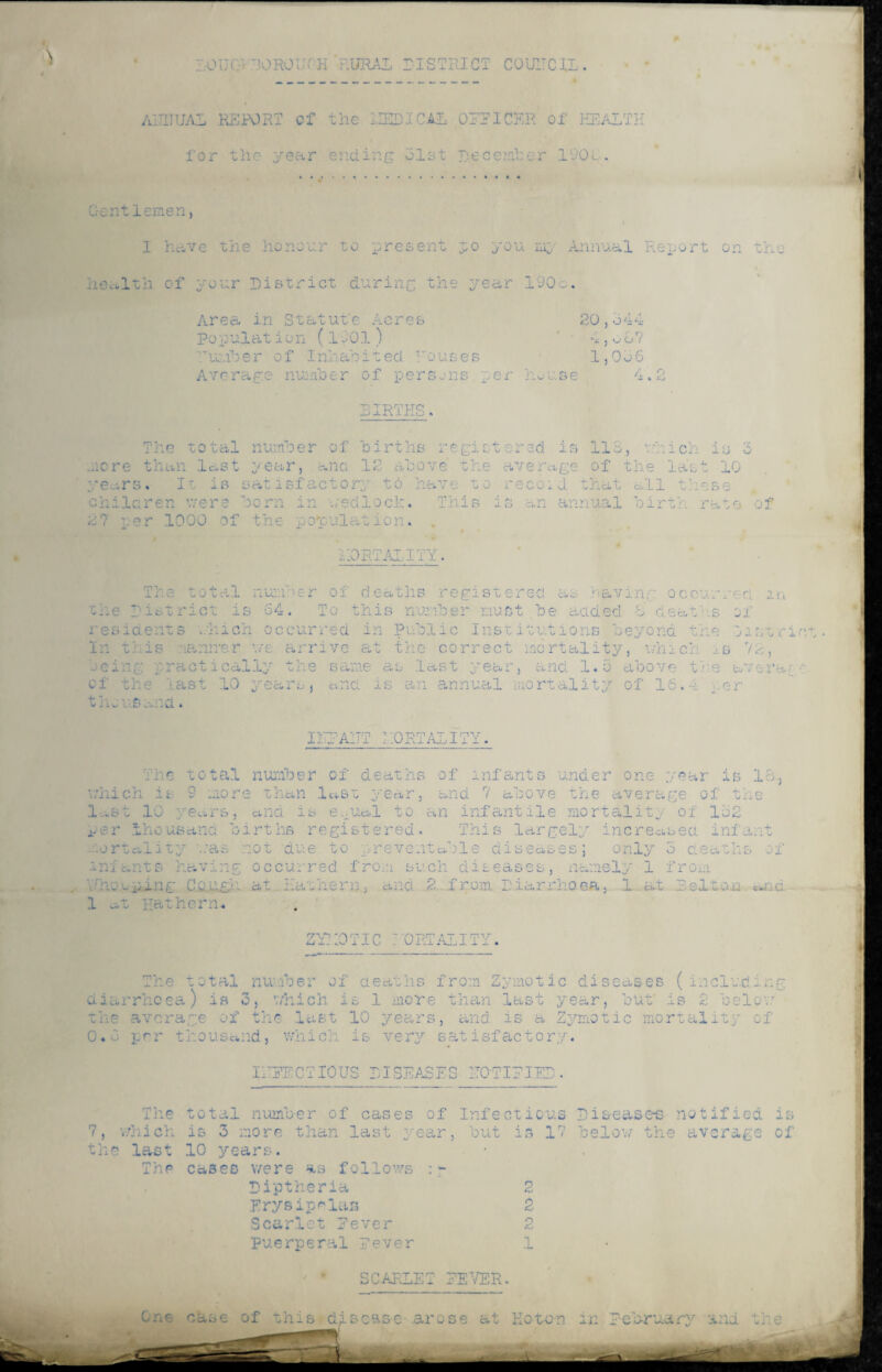 r01J(.> UOROUOH -RURAL DISTRICT COU1TCIL. Aim UAL REPORT of for the year the mm I CAL 03'? ICER of HEALTH ending olst Leeenter lrOG. Gentlemen, I have the honour to present jo you mi Annual Report on the », health of your District during the year 190c. 20,o44 Area in Statute Acres population (1901 ) 'umber of Inhabited Houses C ) ^ o ? 1,006 Average number of persons per house 4.2 BIRTHS. The total number of births registered is 118, v.aici. is 3 acre than last year, ana 12 above the average of the last 10 years. It is satisfactory to have to recoil that all these children were born in wedlock. This is an annual birth rate of 27 per 1000 of the population. , MORTALITY. ' ‘ The total number of deaths registered as -avinr occurred m the District is 64. To this number must be added 8 deaths of residents which occurred in Public Institutions beyond the tistri In this nanner we arrive at the correct mortality, t/hicl is 72, oeing practically the same as last year, a no. 1.5 above t re av$ra{ e last 10 years., and is an annual mortality of 16.4 _ er thousand. X: : AITT MORTALITY. rr}- r it which is total number of deaths of 9 more than .last year .nf ant s bov< l-.st 10 years, and is e.:ual per thousand births registered, co r 0 Cv -i- A G j .. a cv n o t due to p r e ve nt a 11 e d i s ea s e s infants having occurred from such diseases, namely ■-■-.ping C. ■ at Eat hern., and Z from. Liar - j-a. l 1 at Fathern. e> 18., , and v acove tne average of the to an infantile mortality of 152 This largely increased infant ; only 5 deaths of i i rom ci* u Aii el l '^ijQ cWTid zymotic lortality The total number of deaths diarrhoea) is 3, which is 1 more the average of the last 10 years 0.5 per thousand, which is very from Zymotic diseases ( incit'd.in than last year, but is 2 below , and is a Zymotic mortality of satisfactory. r IHLECTIOUS DISEASES HO TILLED The total number of cases of Infectious Diseased notified is 7, which is 3 more than last year, but is 17 below the average of the last 10 years. The cases were as follows Diptheria 2 Erysipelas 2 Scarlet Lever 2 Puerperal Lever .1 SCARLET LEVER. One case of this disease .arose at Kotor.