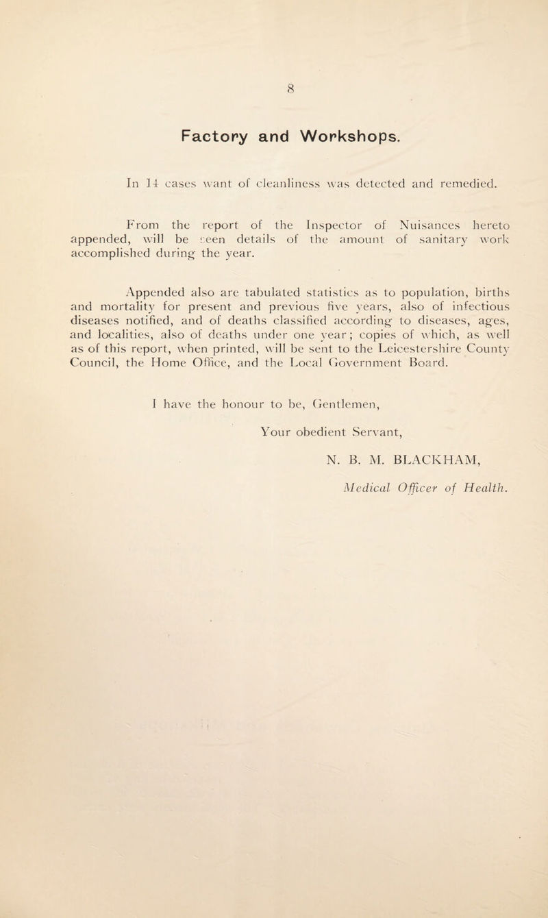 Factory and Workshops. In I I cases want of cleanliness was detected and remedied. From the report of the Inspector of Nuisances hereto appended, will be seen details of the amount of sanitary work accomplished during- the year. Appended also are tabulated statistics as to population, births and mortality for present and previous five vears, also of infectious di seases notified, and of deaths classified according to diseases, ages, and localities, also of deaths under one year; copies of which, as well as of this report, when printed, will be sent to the Leicestershire County Council, the Home Office, and the Local Government Board. I have the honour to be, Gentlemen, Your obedient Servant, N. B. M. BLACK HAM, Medical Officer of Health.