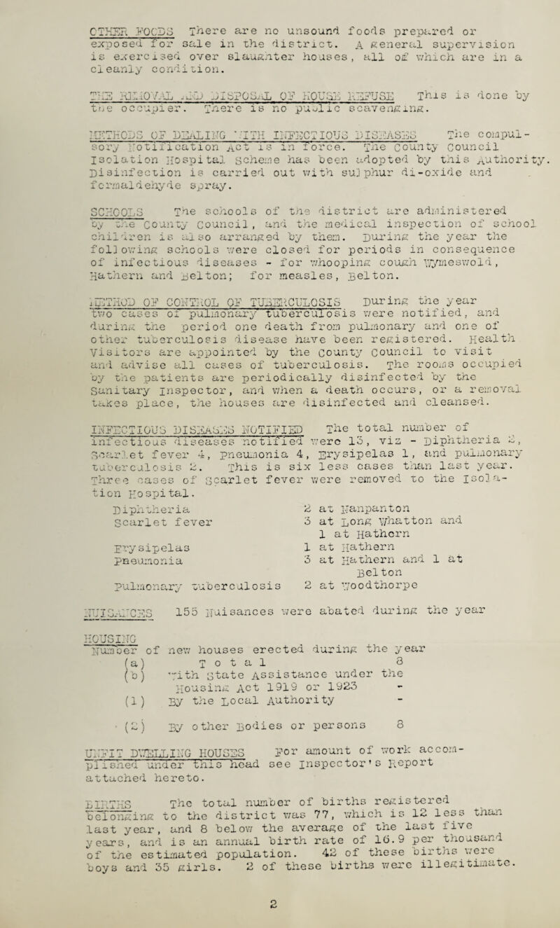 OTHER, >'-QCD3 There are no unsound, foods prepared or exposed for sale in the district. A general supervision is exercised over slaughter houses, all of which are in a cleanly condition. TEE H3I.10Y.-IL ,U~J DISPOSE OP HOUSE REFUSE Thi s trj'e occupier. fnere i's no' public s cave rigins. is done by 10 nc? 0? DEALING :h infectious diseases sory Notii1 cation Act is m lorce. 'iie County file compul- Council isolation Hospital scheme has been adopted by this Authority. Disinfection is carried out with sulphur di-oxide and fcrmaldehyde spray. SCHOOLS The schools of tiie district are administered by tne county council, and the medical inspection of school children is also arranged by them. During the year the following schools were closed for periods in consequence of infectious diseases - for whooping cough uymeswold, Hathern and Belton; for measles, Belton. i ulTilOD OH two CONTROL OF TUBERCULOSIS of pulmonary'' tub er c ul o si s During the year were notified, and during the period one death from pulmonary and one of other tuberculosis disease have been registered. Health Visitors are appointed by the county council to visit and advise all cases of tuberculosis. The rooms occupied by the patients are periodically disinfected by the Sanitary inspector, and when a death occurs, or a removal taxes place, the houses are disinfected and cleansed. INFECTIOUS DISEASED HOTIDISP The total infectious diseases -notified’ were 15, vis Scarlet fever 4, pneumonia 4, Erysipelas tuberculosis 2. This is six less cases Three cases of scarlet fever were removed number of - Diphtheria 2, 1, and pulmonary than last year, to the isola¬ tion Hospital. Diphtheria Scarlet fever Erysipelas pneumonia pulmonary tuberculosis 2 at panpanton 3 at Long lyhatton and 1 at Hathern 1 at Hathern 3 at Hathern and 1 at Bel ton 2 at v/oodthorpe 1 7J * T ^ •• - rp ip q -X 2 O-'i-x b.’jk,J 155 nuisances were abated during the year HOUSING Humber of (1) (-) new houses erected during the year Total 3 ■pith ptate Assistance under the Housing Act 1919 or 1923 By the Local Authority By other Bodies or persons 8 UNFIT DUELLING HOUSES piished under this head attached hereto. por amount of work accom- see inspector’s Report DEPTHS The total number of births registered belonging to the district was 77, which is 12 less than last year, and 8 below the average of the last five years, and is an annual birth rate of 16.9 per thousand of the estimated population. 42 of these births.were boys and 35 girls. 2 of these births were illegitimate