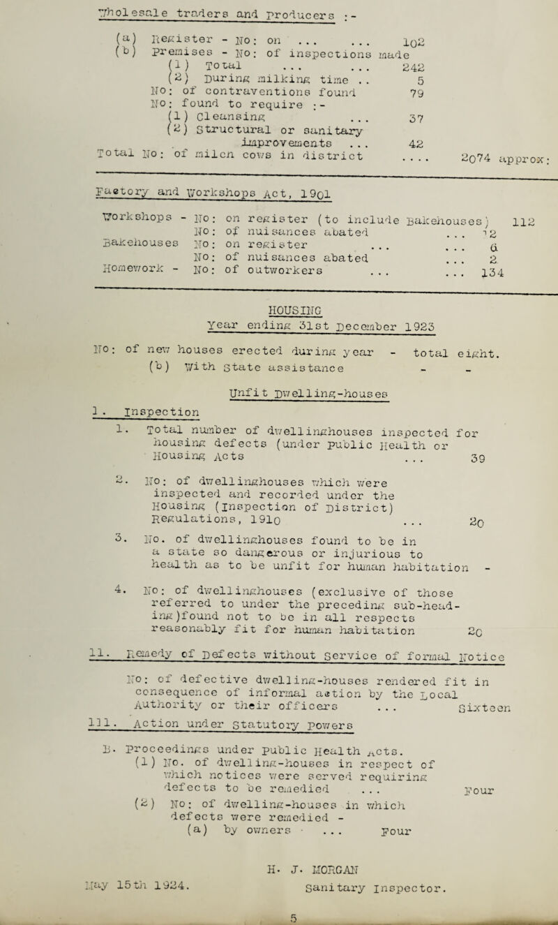 wholesale traders and producers •- (a) Register - No: on . i02 (b) premises - No; of inspections made [}) Total ... ... 242 (2) During milking time .. 5 No: of contraventions found 79 NO; found to require ;- (1) cleansing ... 37 {‘2) structural or sanitary . ^ improvements ... 42 Total No; 01 milcn cows in district 2q74 approx factory and workshops Act, 19pl Vorkshops - no: on register (to include Bakehouses) 112 No; of nuisances abated Bakehouses No; on register No; of nuisances abated Homework - no; of outworkers 1 2 (i 2 134 HOUSING Year ending 31st December 1923 no: of new houses erected during year - total eight, (b) v/ith state assistance Unfit Dwelling-houses I. inspection 1. Total number of dwellinghouses inspected for housing defects (under public Health or Housing Acts 2- No; of dwellinghouses which were inspected and recorded under the Housing (inspection of District) Regulations, 191o 3. No. of dwellinghouses found to be in a state so dangerous or injurious to health as to be unfit for human habitation 4. No; of dwellinghouses (exclusive of those referred to under the preceding sub-head¬ ing )iound not to be in all respects reasonably fit for human habitation 2q II. Remedy of Defects without service of formal Notice i.o: 01 defective dw ell ing-houses rendered fit in consequence of informal action by the Local Authority or their officers ... sixteen III. Action under statutory powers B. proceedings under public Health Acts. (1) No. of dwelling-houses in respect of which notices were served requiring defects to be remedied ... pour (2) no; of dwelling-houses in v/hich defects were remedied - (a) by owners • ... pour 39 2q I lay 15 th 1924. H. J. MORGAN Sanitary inspector.