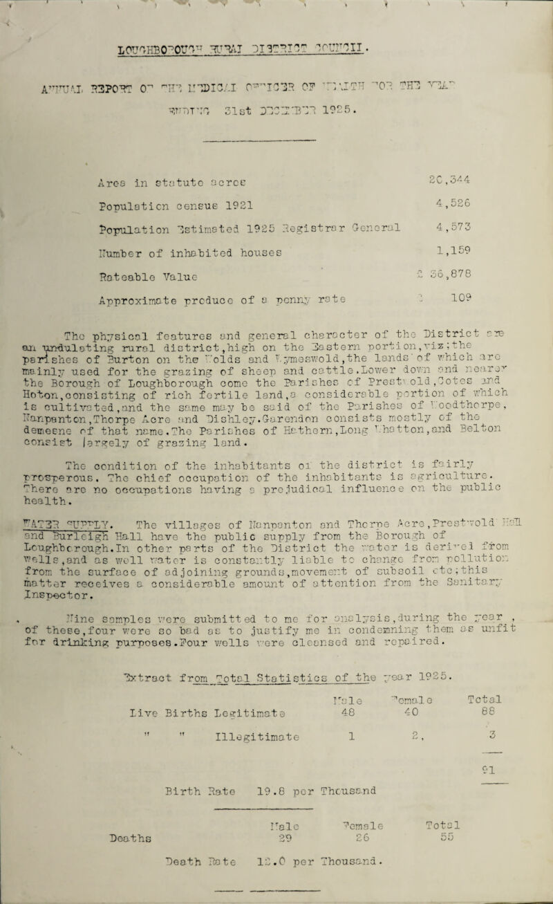 \ 1 LOTJGHBCPOLrGTT HHRAT DISTRICT ^IT^IT • AHITU4J. R3P0RT 0^ nHD 1IDDICAI O^ICIH OF R 1'JTH 'n0R THR VRA wjt'io 21st drcrtbrr 1025. Area in statute acres Population census 1921 Population Rstimated 1925 Registrar General Humber of inhabited houses Rateable Value Approximate produce of a penny rate 20,3^4 4,526 4,573 1,159 oo 878 109 The physical fea.tures and general character of the District a^e an undulating rural district,high on the Do.stern porti on,viz ; the parishes of Burton on the holds and hymeswold,the lands of which are mainly used for the grazing of sheep and. cattle.Lower down and nearer the Borough of Loughborough come the Pa,riches of Prestvold,Cotes and Hoton,consisting of rich fertile land,a considerable portion of which is cultivated, and the same ma.y be said of the Parishes of boodthorpe, Hanpanton,Thorpe Acre and Dishley.Garendon consists mostly of the demesne of that name,The Parishes of Hnthern,Long thatton,and Belton consist largely of grazing land. The condition of the inhabitants of the district is fairly prosperous. The chief occupation of the inhabitants is agriculture. There are no occupations having a prejudice,! inf luenc e on the public health. ^ATPR qUP?LY. The villages of ITanpanton and Thorpe Acre ,Prestvold HoTL and Burleigh Hail have the public supply from the Borough of Loughborough.In other parts of the District the 'water is derived from wells,and as well water is constantly liable to change- from pollution from the surface of adjoining grounds,movement of subsoil etc;this matter receives a. considerable amount- of attention from the Sanitary .Inspector. TT- rine samples were submitted to me for analysis, during the year. , of these,four were so ba.d as to justify me in condemning them os unfit for drinking purposes.Four wells were cleansed and repaired. Extract from Total Statistics of the year 1925 Live Births Legitimate ,T Illegitimate Tale 48 1 ’emo.l e 40 Total 88 3 Birth Rate 19.8 per Thousand bale 29 'emale 26 •1 ’otel 55 Dea.ths Death Rate 12.0 per Thousand.