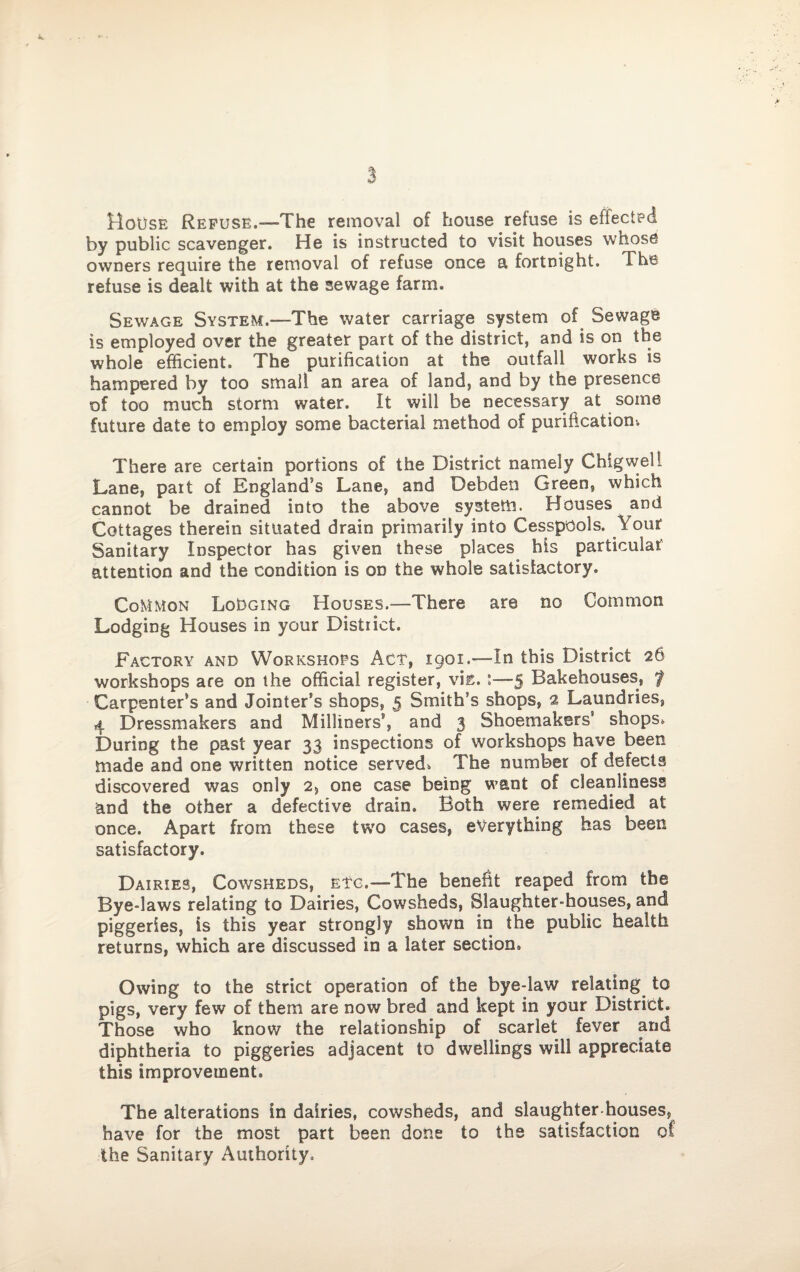 House Refuse.—-The removal of house refuse is effected by public scavenger. He is instructed to visit houses whose owners require the removal of refuse once a fortnight. The refuse is dealt with at the sewage farm. Sewage System.—The water carriage system of Sewage is employed over the greater part of the district, and is on the whole efficient. The purification at the outfall works is hampered by too small an area of land, and by the presence of too much storm water. It will be necessary at some future date to employ some bacterial method of purification-. There are certain portions of the District namely Chigwel! Lane, part of England’s Lane, and Debden Green, which cannot be drained into the above system. Houses and Cottages therein situated drain primarily into Cesspools. Your Sanitary Inspector has given these places his particular attention and the condition is on the whole satisfactory. Common Lodging Houses.-—There are no Common Lodging Houses in your District. Factory and Workshops Act, 1901.—In this District 26 workshops are on the official register, vis. !—5 Bakehouses, 7 Carpenter’s and Jointer’s shops, 5 Smith’s shops, 2 Laundries, 4 Dressmakers and Milliners’, and 3 Shoemakers9 shops. During the past year 33 inspections of workshops have been made and one written notice served. The number of defects discovered was only 2, one case being want of cleanliness and the other a defective drain. Both were remedied at once. Apart from these two cases, everything has been satisfactory. Dairies, Cowsheds, etc.—The benefit reaped from the Bye-laws relating to Dairies, Cowsheds, Slaughter-houses, and piggeries, is this year strongly shown in the public health returns, which are discussed in a later section. Owing to the strict operation of the bye-law relating to pigs, very few of them are now bred and kept in your District® Those who know the relationship of scarlet fever and diphtheria to piggeries adjacent to dwellings will appreciate this improvement. The alterations in dairies, cowsheds, and slaughter houses, have for the most part been done to the satisfaction of the Sanitary Authority.