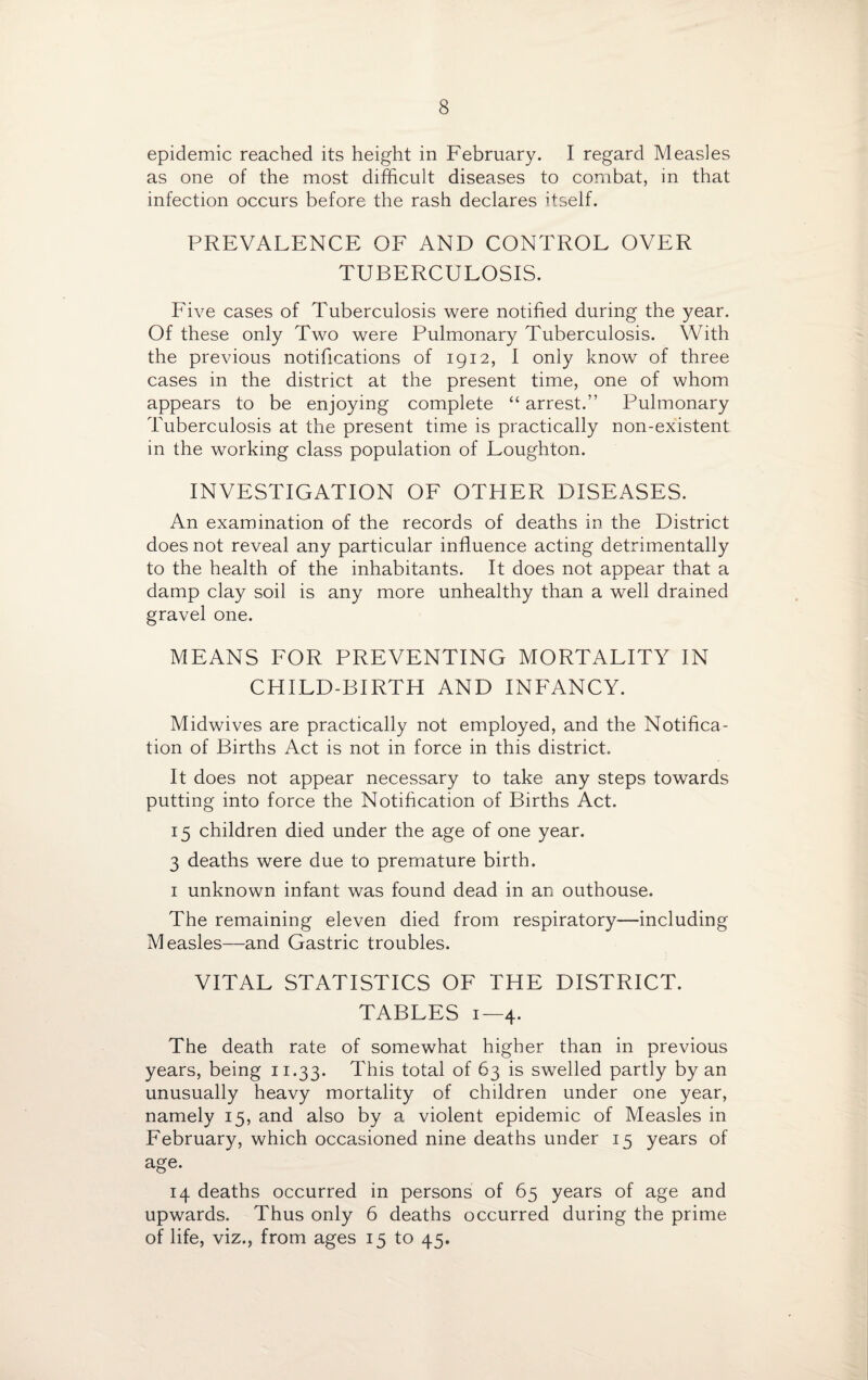 epidemic reached its height in February. I regard Measles as one of the most difficult diseases to combat, in that infection occurs before the rash declares itself. PREVALENCE OF AND CONTROL OVER TUBERCULOSIS. Five cases of Tuberculosis were notified during the year. Of these only Two were Pulmonary Tuberculosis. With the previous notifications of 1912, I only know of three cases in the district at the present time, one of whom appears to be enjoying complete “ arrest.” Pulmonary Tuberculosis at the present time is practically non-existent in the working class population of Loughton. INVESTIGATION OF OTHER DISEASES. An examination of the records of deaths in the District does not reveal any particular influence acting detrimentally to the health of the inhabitants. It does not appear that a damp clay soil is any more unhealthy than a well drained gravel one. MEANS FOR PREVENTING MORTALITY IN CHILD-BIRTH AND INFANCY. Midwives are practically not employed, and the Notifica¬ tion of Births Act is not in force in this district. It does not appear necessary to take any steps towards putting into force the Notification of Births Act. 15 children died under the age of one year. 3 deaths were due to premature birth. 1 unknown infant was found dead in an outhouse. The remaining eleven died from respiratory—including Measles—and Gastric troubles. VITAL STATISTICS OF THE DISTRICT. TABLES 1—4. The death rate of somewhat higher than in previous years, being 11.33. This total of 63 is swelled partly by an unusually heavy mortality of children under one year, namely 15, and also by a violent epidemic of Measles in February, which occasioned nine deaths under 15 years of age. 14 deaths occurred in persons of 65 years of age and upwards. Thus only 6 deaths occurred during the prime of life, viz., from ages 15 to 45.