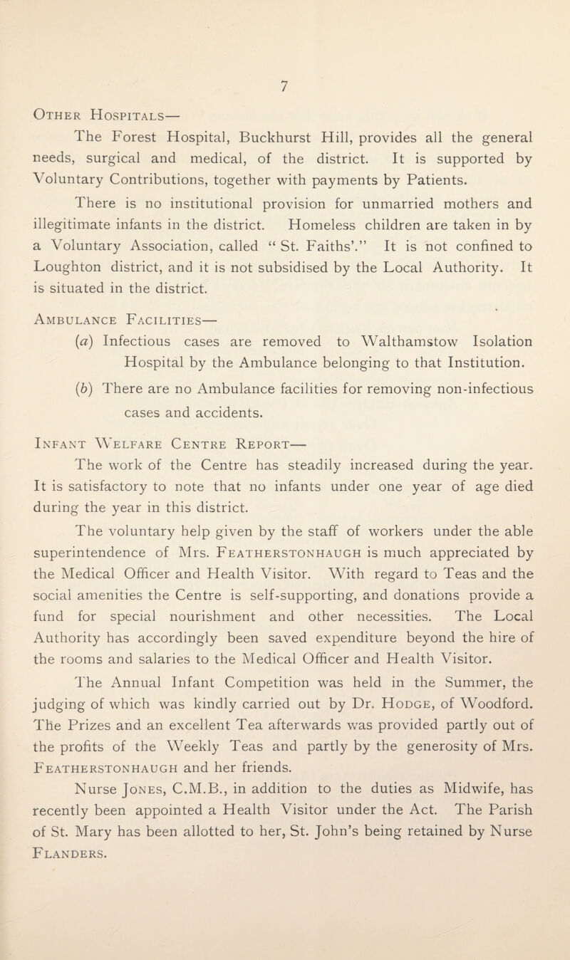 Other Hospitals— The Forest Hospital, Buckhurst Hill, provides all the general needs, surgical and medical, of the district. It is supported by Voluntary Contributions, together with payments by Patients. There is no institutional provision for unmarried mothers and illegitimate infants in the district. Homeless children are taken in by a Voluntary Association, called “ St. Faiths’.” It is not confined to Loughton district, and it is not subsidised by the Local Authority. It is situated in the district. Ambulance Facilities— {a) Infectious cases are removed to Walthamstow Isolation Hospital by the Ambulance belonging to that Institution. (b) There are no Ambulance facilities for removing non-infectious cases and accidents. Infant Welfare Centre Report— The work of the Centre has steadily increased during the year. It is satisfactory to note that no infants under one year of age died during the year in this district. The voluntary help given by the staff of workers under the able superintendence of Mrs. Featherstonhaugh is much appreciated by the Medical Officer and Health Visitor. With regard to Teas and the social amenities the Centre is self-supporting, and donations provide a fund for special nourishment and other necessities. The Local Authority has accordingly been saved expenditure beyond the hire of the rooms and salaries to the Medical Officer and Health Visitor. The Annual Infant Competition was held in the Summer, the judging of which was kindly carried out by Dr. Hodge, of Woodford. The Prizes and an excellent Tea afterwards was provided partly out of the profits of the Weekly Teas and partly by the generosity of Mrs. Featherstonhaugh and her friends. Nurse Jones, C.M.B., in addition to the duties as Midwife, has recently been appointed a Health Visitor under the Act. The Parish of St. Mary has been allotted to her, St. John’s being retained by Nurse Flanders.
