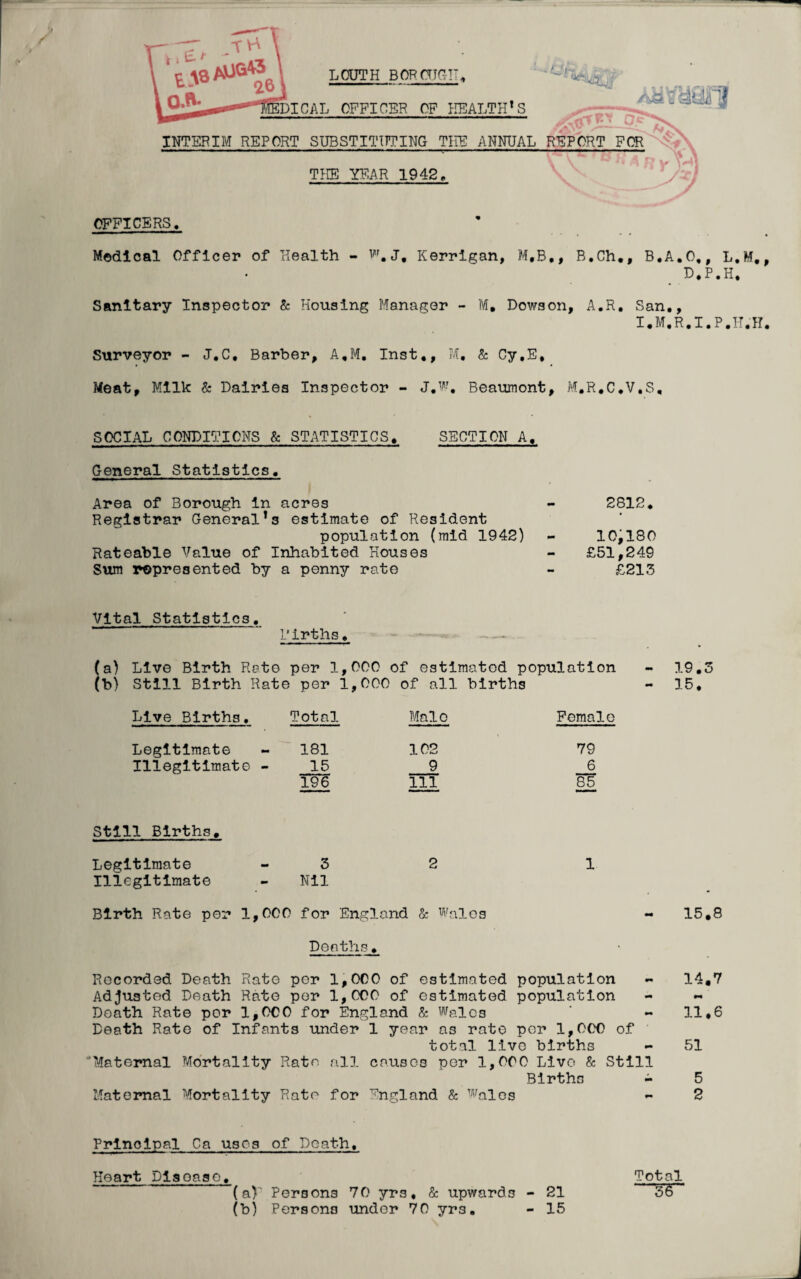 t—-T TV^ \ LOUTH BORCUG!! -t. Cji~* . DICAL OFFICER OF HEALTH’S Auvaanf INTERIM REPORT SUBSTITUTING THE ANNUAL REPORT FOR THE YEAR 1942, OFFICERS. Medical Officer of Health - F.J, Kerrigan, M.B,, B.Ch., B.A.O,, L.M, D.P.H. Sanitary Inspector & Housing Manager - M. Dowson, A.R. San,, I.M.R.I.P.H.H Surveyor - J,C, Barber, A,M. Inst,, M, & Cy.E, Meat, Milk & Dairies Inspector - J.W, Beaumont, M.R,C,V,S, SOCIAL CONDITIONS & STATISTICS, SECTION A, General Statistics. Area of Borough in acres Registrar General’s estimate of Resident population (mid 1942) Rateable Value of Inhabited Houses Sum represented by a penny rate 2812. 10,180 £51,249 £213 Vital Statistics. Firths. (a) Live Birth Rato per 1,000 of estimated population - 19.3 (b) Still Birth Rate per 1,000 of all births - 15, Live Births i. Total Male Female Legitimate mm 181 102 79 Illegitimate - 15 9 6 196 111 85 Still Births, Legitimate 3 2 1 Illegitimate mm Nil Birth Rate per 1,000 for England & Wales mm 15.8 Deaths, Recorded Death Rate per 1,000 of estimated population 14.7 Adjusted Death Rate per 1,000 of estimated population Death Rate per 1,000 for England & Wales mm 11,6 Death Rate of Infants under 1 year as rate per 1,000 of total live births - 51 Maternal Mortality Rate all causes per 1,000 Live & Still Births - 5 Maternal Mortality Rato for England & Wales - 2 Principal Ca uses of Death, Heart Disease, Total (a) ' Persons 70 yrs, & upwards - 21 (b) Persons under 70 yrs. - 15