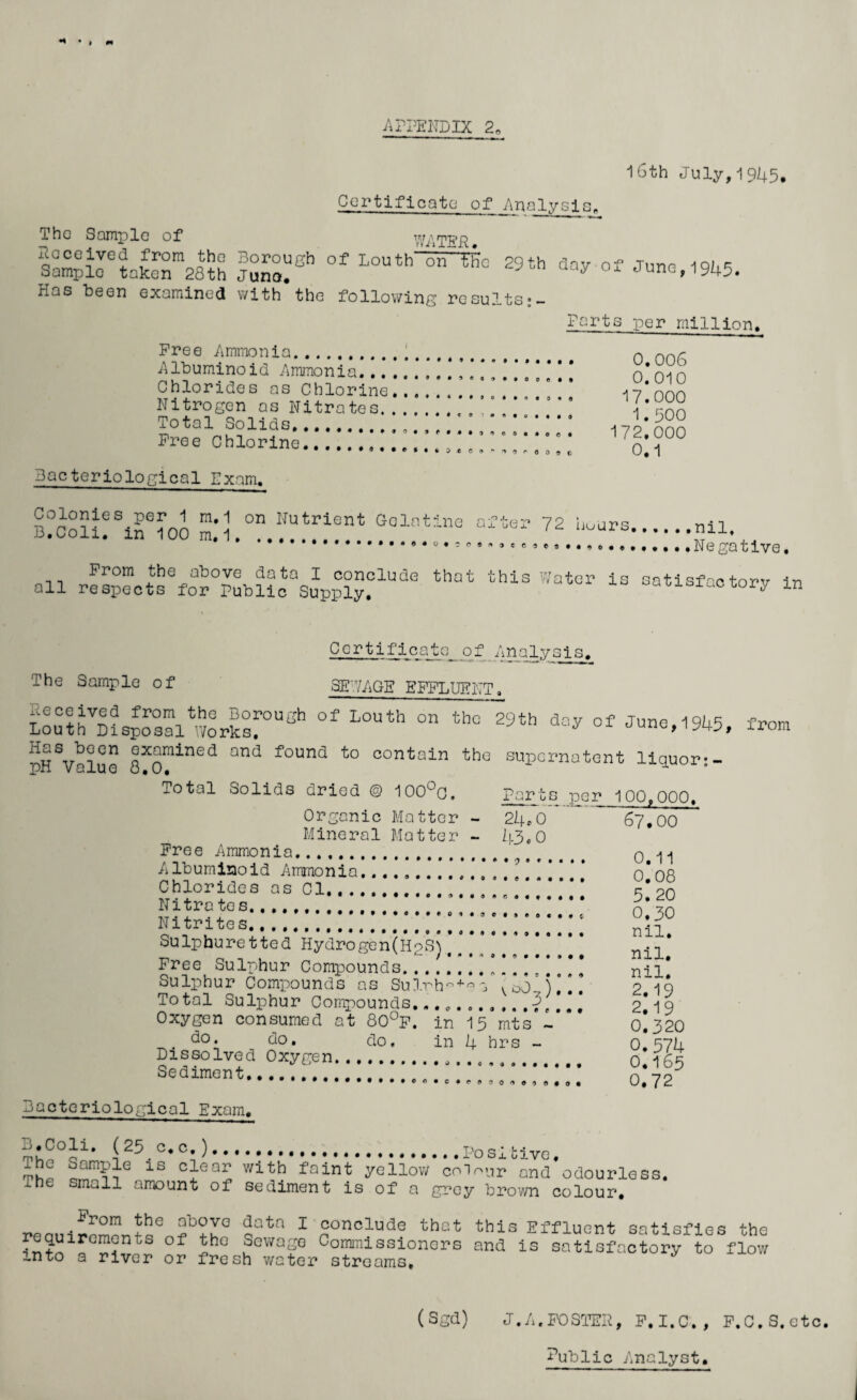 16th July,1945, Certificate of AnaJlvsjKse The Sample of Deceived from the Borough Sample taken 28th Juno.  Has been examined with the WATER. of Louth on the 29th day of June, 1945. following re suits Free Ammonia... Albuminoid Ammonia... Chlorides as Chlorine Nitrogen as Nitrates. Total Solids......... Free Chlorine........ Parts per million. 0.006 0.010 17.000 1.500 172,000 0.1 Bacteriological Exam. Colonies per 1 m. 1 B.Coli. in 100 m. 1 on Nutrient Gelatine after 72 hours nil. Negative. From the above data I conclude that all respects for Public Supply. this Water is satisfactory in Certificate^ of Analysis. The Sample of SEWAGE EFFLUENT. LouthWisposal*workslU^ °f L°Uth °n th° 29th day of Ju»e>1945, pH Value QXQrained and found to contain the supernatant liquor;- irom Total Solids dried @ 100°c, Parts per 100,000 Organic Matter Mineral Matter Free Ammonia. - 24,0 - 43.0 67.00 n A A Albuminoid Ammonia. o» 1 1 Chlorides as Cl......... £ 90 Nitratcs,,,,.,,###tt<#e>#foi Nitrites. 0.30 Sulphuretted HydrogenfeS) Free Sulphur Compounds. Sulphur Compounds as Suipta+ Total Sulphur Compounds... „. 'n a ^ cO ), ., 3 11 -L J- • nil. nil. 2.19 2 1 Q Oxygen consumed at 80°f, in < do. do. do, in Dissolved Oxygen...T , 15 mts - 4 hrs - 0.320 0.574 0 16^ Sediment. 0.72 Bacteriological Exam, B.Coli. (25 c.c. ). The Sample is clear with fa The small amount of sedimen . ... Po si bive, int yellow colour and odourles t is of a grey brown colour. s. ^rom the above data I conclude that requirements of the Sewage Commissioners into a river or fresh water streams. this Effluent satisfies the and is satisfactory to flow ( Sgd) J. A. FOSTER, F.I.C., F.C.S.etc. Public Analyst.