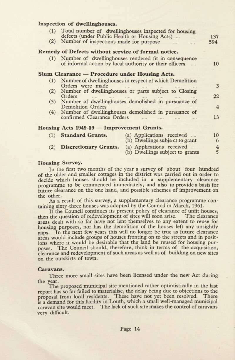 Inspection of dwellinghouses. (1) Total number of dwellinghouses inspected for housing defects (under Public Health or Housing Acts). 137 (2) Number of inspections made for purpose . 594 Remedy of Defects without service of formal notice. (1) Number of dwellinghouses rendered fit in consequence of informal action by local authority or their officers .... 10 Slum Clearance — Procedure under Housing Acts. (1) Number of dwellinghouses in respect of which Demolition Orders were made .... .... .... .... .... 3 (2) Number of dwellinghouses or parts subject to Closing Orders .... .... .... .... . 22 (3) Number of dwellinghouses demolished in pursuance of Demolition Orders .... .... .... .... .... 4 (4) Number of dwellinghouses demolished in pursuance of confirmed Clearance Orders .... .... .... .... 13 Housing Acts 1949-59 — Improvement Grants. (1) Standard Grants. (a) Applications received .... 10 (b) Dwellings subje ct to grant 6 (2) Discretionary Grants, (a) Applications received .... 4 (b) Dwellings subject to grants 5 Housing Survey. In the first two months of the year a survey of about four hundred of the older and smaller cottages in the district was carried out in order to decide which houses should be included in a supplementary clearance programme to be commenced immediately, and also to provide a basis for future clearance on the one hand, and possible schemes of improvement on the other. As a result of this survey, a supplementary clearance programme con¬ taining sixty-three houses was adopted by the Council in March, 1961. If the Council continues its present policy of clearance of unfit houses, then the question of redevelopment of sites will soon arise. The clearance areas dealt with so far have not lent themselves to any extent to reuse for housing purposes, nor has the demolition of the houses left any unsightly gaps. In the next few years this will no longer be true as future clearance areas would include groups of houses fronting on to the streets and in posit¬ ions where it would be desirable that the land be reused for housing pur¬ poses. The Council should, therefore, think in terms of the acquisition, clearance and redevelopment of such areas as well as of building on new sites on the outskirts of town. Caravans. Three more small sites have been licensed under the new Act during the year. The proposed municipal site mentioned rather optimistically in the last report has so far failed to materialise, the delay being due to objections to the proposal from local residents. These have not yet been resolved. There is a demand for this facility in Louth, which a small well-managed municipal caravan site would meet. The lack of such site makes the control of caravans very difficult.