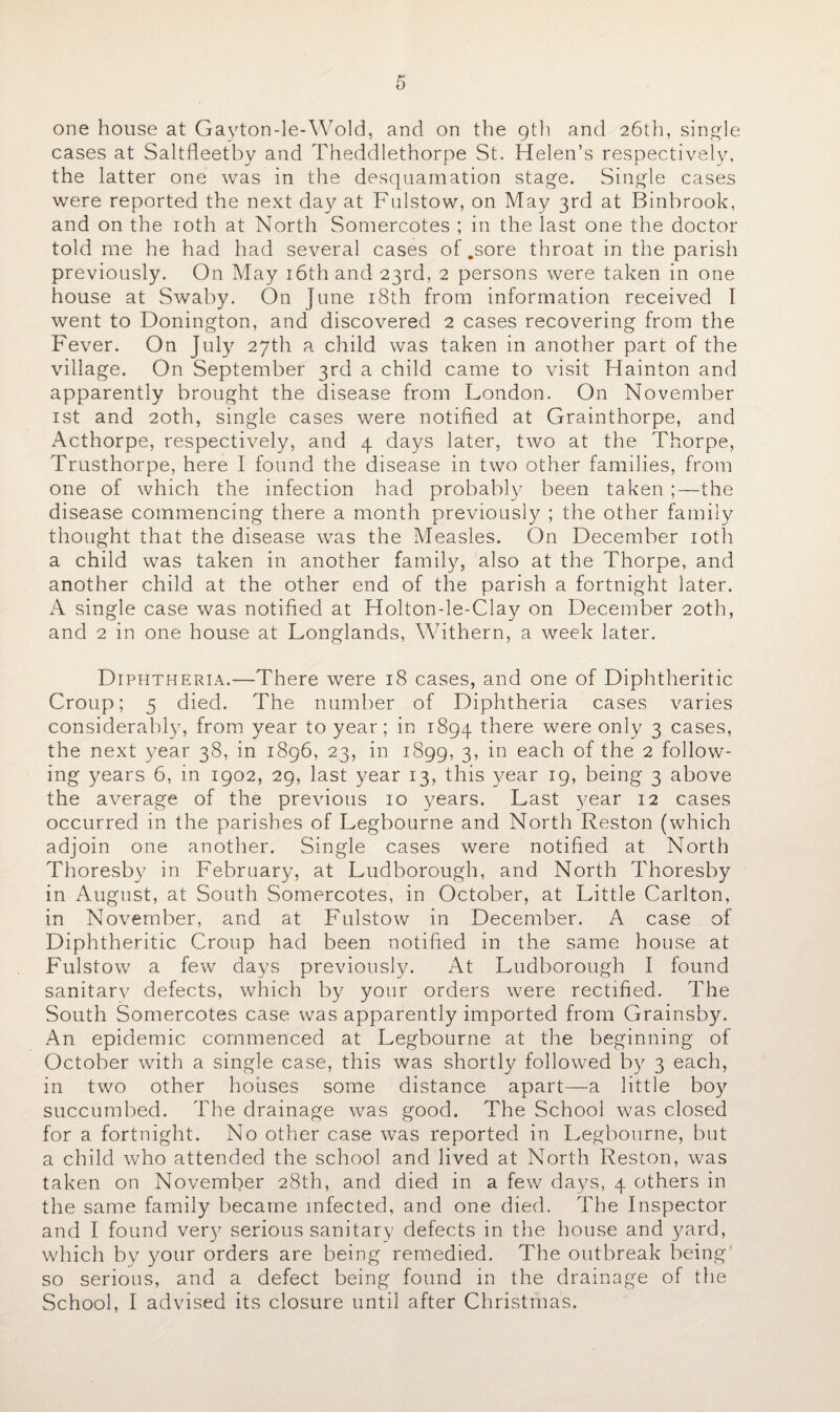 one house at Gayton-le-Wold, and on the gth and 26th, single cases at Saltfleetby and Theddlethorpe St. Helen’s respectively, the latter one was in the desquamation stage. Single cases were reported the next day at Fulstow, on May 3rd at Binbrook, and on the 10th at North Somercotes ; in the last one the doctor told me he had had several cases of .sore throat in the parish previously. On May i6thand 23rd, 2 persons were taken in one house at Swaby. On June 18th from information received I went to Donington, and discovered 2 cases recovering from the Fever. On July 27th a child was taken in another part of the village. On September 3rd a child came to visit Hainton and apparently brought the disease from London. On November 1st and 20th, single cases were notified at Grainthorpe, and Acthorpe, respectively, and 4 days later, two at the Thorpe, Trusthorpe, here I found the disease in two other families, from one of which the infection had probably been taken ;—the disease commencing there a month previously ; the other family thought that the disease was the Measles. On December 10th a child was taken in another family, also at the Thorpe, and another child at the other end of the parish a fortnight later. A single case was notified at Holton-le-Clay on December 20th, and 2 in one house at Longlands, Withern, a week later. Diphtheria.—There were 18 cases, and one of Diphtheritic Croup; 5 died. The number of Diphtheria cases varies considerably, from year to year; in 1894 there were only 3 cases, the next year 38, in 1896, 23, in 1899, 3, in each of the 2 follow¬ ing years 6, in 1902, 29, last year 13, this year 19, being 3 above the average of the previous 10 years. Last year 12 cases occurred in the parishes of Legbourne and North Reston (which adjoin one another. Single cases were notified at North Thoresby in February, at Ludborough, and North Thoresby in August, at South Somercotes, in October, at Little Carlton, in November, and at Fulstow in December. A case of Diphtheritic Croup had been notified in the same house at Fulstow a few days previously. At Ludborough I found sanitary defects, which by your orders were rectified. The South Somercotes case was apparently imported from Grainsby, An epidemic commenced at Legbourne at the beginning of October with a single case, this was shortly followed by 3 each, in two other houses some distance apart—a little boy succumbed. The drainage was good. The School was closed for a fortnight. No other case was reported in Legbourne, but a child who attended the school and lived at North Reston, was taken on November 28th, and died in a few days, 4 others in the same family became infected, and one died. The Inspector and I found very serious sanitary defects in the house and yard, which by your orders are being remedied. The outbreak being' so serious, and a defect being found in the drainage of the School, I advised its closure until after Christmas.