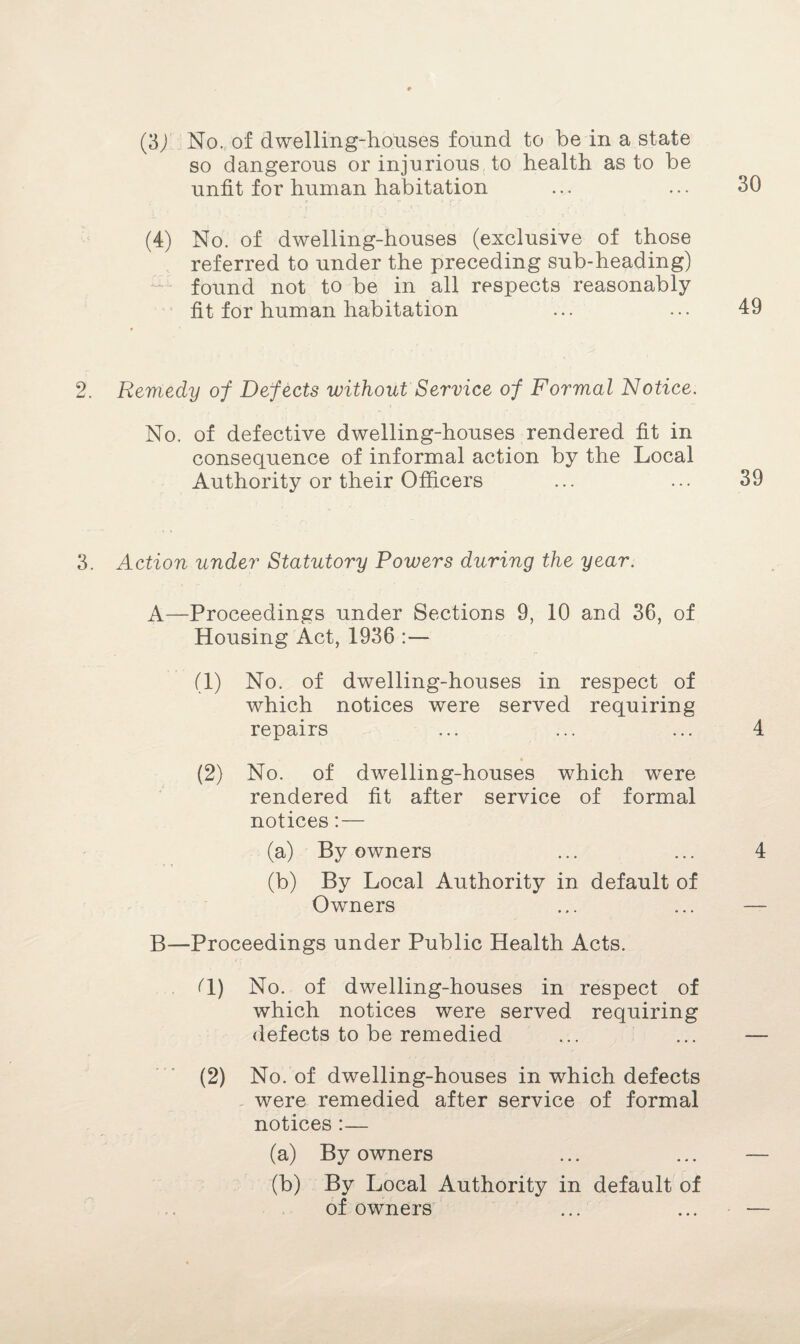 so dangerous or injurious to health as to be unfit for human habitation (4) No. of dwelling-houses (exclusive of those referred to under the preceding sub-heading) found not to be in all respects reasonably fit for human habitation 2. Remedy of Defects without Service of Formal Notice. No. of defective dwelling-houses rendered fit in consequence of informal action by the Local Authority or their Officers 3. Action under Statutory Powers during the year. A—Proceedings under Sections 9, 10 and 36, of Housing Act, 1936 :— (1) No. of dwelling-houses in respect of which notices were served requiring repairs (2) No. of dwelling-houses which were rendered fit after service of formal notices:— (a) By owners (b) By Local Authority in default of Owners B—Proceedings under Public Health Acts. Q) No. of dwelling-houses in respect of which notices were served requiring defects to be remedied (2) No. of dwelling-houses in which defects were remedied after service of formal notices :— (a) By owners ■(b) By Local Authority in default of of owners