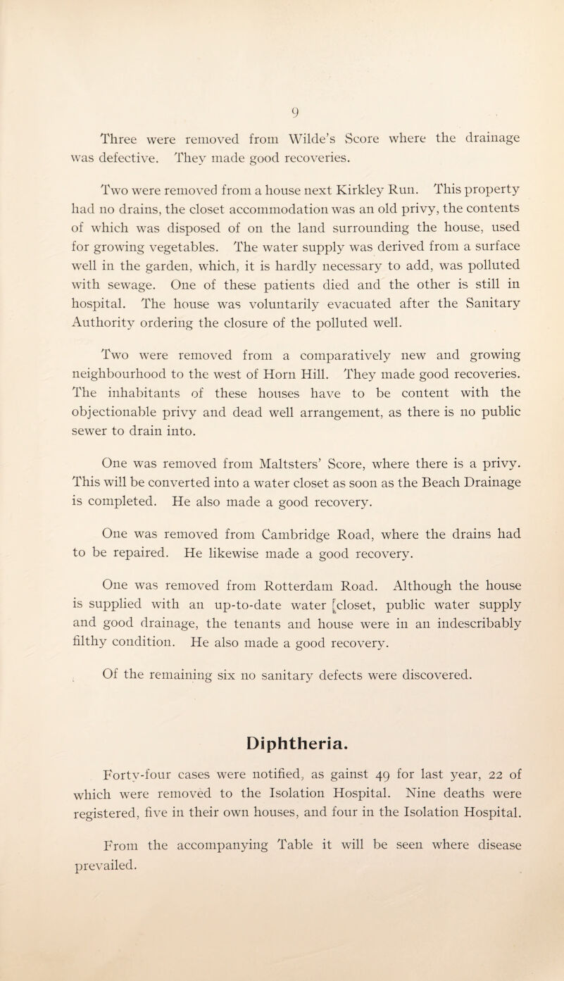 Three were removed from Wilde’s Score where the drainage was defective. They made good recoveries. Two were removed from a house next Kirkley Run. This property had no drains, the closet accommodation was an old privy, the contents of which was disposed of on the land surrounding the house, used for growing vegetables. The water supply was derived from a surface well in the garden, which, it is hardly necessary to add, was polluted with sewage. One of these patients died and the other is still in hospital. The house was voluntarily evacuated after the Sanitary Authority ordering the closure of the polluted well. Two were removed from a comparatively new and growing neighbourhood to the west of Horn Hill. They made good recoveries. The inhabitants of these houses have to be content with the objectionable privy and dead well arrangement, as there is no public sewer to drain into. One was removed from Maltsters’ Score, where there is a privy. This will be converted into a water closet as soon as the Beach Drainage is completed. He also made a good recovery. One was removed from Cambridge Road, where the drains had to be repaired. He likewise made a good recovery. One was removed from Rotterdam Road. Although the house is supplied with an up-to-date water [closet, public water supply and good drainage, the tenants and house were in an indescribably filthy condition. He also made a good recovery. Of the remaining six no sanitary defects were discovered. Diphtheria. Forty-four cases were notified, as gainst 49 for last year, 22 of which were removed to the Isolation Hospital. Nine deaths were registered, five in their own houses, and four in the Isolation Hospital. From the accompanying Table it will be seen where disease prevailed.