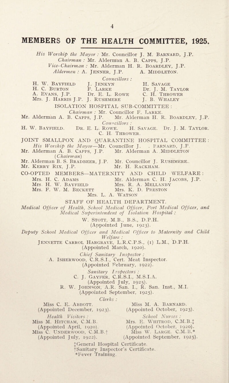 MEMBERS OF THE HEALTH COMMITTEE, 1925. His Worship the Mayor : Mr. Councillor J. M. Barnard, j.P. Chairman : Mr. Alderman A. B. Capps, J.P. Vice-Chairman : Mr. Alderman H. R. Boardrey, J.P. H. H. A. A Idermen A. JENNER, J.P. Councillors J. JENKYN F. Parke Dr. E. D. Rowe Mrs. J. Harris J.P. J. RushmerE W. Bayfierd C. Burton Evans, J.P. A. Middreton. H. Savage Dr. J. M. Tayror C. H. Thrower J. B. Wharey ISO RATION HOSPITAL SUB-COMMITTEE Chairman : Mr. Councillor F. Larke. Mr. Alderman A. B. Capps, J.P. Mr. Alderman H. R. Boardrey, J.P. Councillors : H. W. Bayfierd. Dr. E. L. Rowe. H. Savage. Dr. J. M. Tayror. C. H. Thrower. JOINT SMALLPOX AND QUARANTINE HOSPITAL COMMITTEE: His Worship the Mayor—Mr. Councillor J. . Barnard, J.P. Mr. Alderman A. B. Capps, J.P. Mr. Alderman A. Middreton (Chairman) Mr. Alderman B. S. BradbeER, J.P. Mr. Councillor J. RushmerE.. Mr. Kerry Rix, J.P. Mr. H. Rackham. CO-OPTED MEMBERS—MATERNITY AND CHILD WELFARE : Mrs. H. C. Adams Mr. Alderman C. H. Jacobs, J.P. Mrs, H. W. Bayfierd Mrs. R. A. Merranby Mrs. F. W. M. Beckett Mrs. K. D. Preston Mrs. L. A. Watson STAFF OF HEALTH DEPARTMENT. Medical Officer of Health, School Medical Officer, Port Medical Officer, and Medical Superintendent of Isolation Hospital : W. Stott, M.B., B.S., D.P.H. (Appointed June, 1923). Deputy School Medical Officer and Medical Officer to Maternity and Child Welfare : Jennette Carror Hargrave, L.R.C.P.S., (1) L.M., D.P.H. (Appointed March, 1920). Chief Sanitary Inspector : A. Isherwood, C.R.S.I., Cert. Meat Inspector. (Appointed February, 1922). Sanitary Inspectors : C. J. GAYFER, C.R.S.I., M.S.I.A. (Appointed July, 1925). R. W. Johnson, A.R. San. I., R. San. Inst., M.I. (Appointed September, 1925). Clerks : Miss C. E. Abbott. Miss M. A. Barnard. (Appointed December, 1923). (Appointed October, 1923). Health Visitors : Miss M. HiTCHAM, C.M.B. (Appointed April, 1920). Miss C. Underwood, C.M.B.t (Appointed July, 1922). School Nurses : Mrs. E. WhiTrod, C.M.B.J (Appointed October, 1920). Miss W. Large. C.M.B.* (Appointed September, 1925) lGeneral Hospital Certificate, j-Sanitary Inspector’s Certificate, * Fever Training.