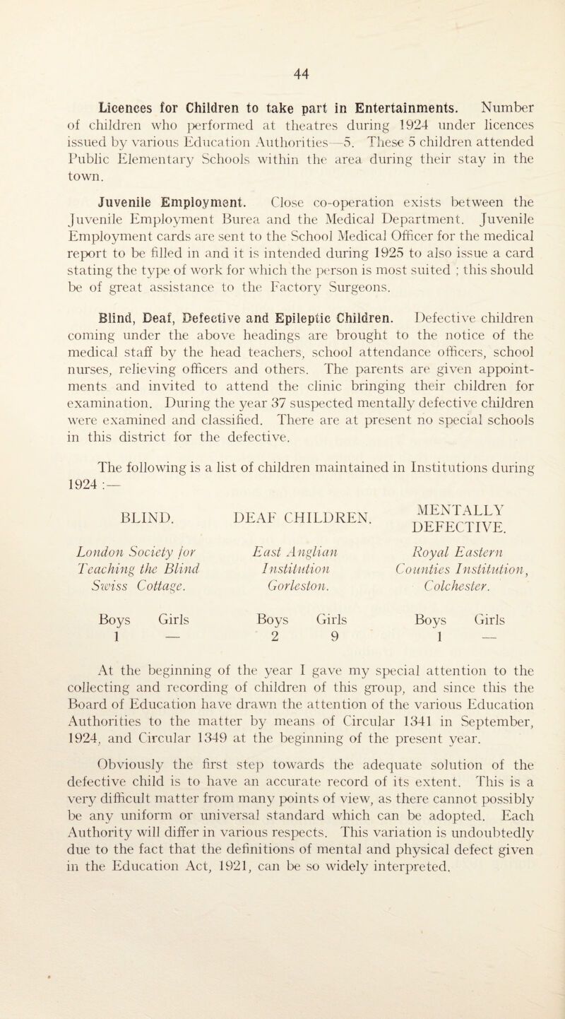 Licences for Children to take part in Entertainments. Number of children who performed at theatres during 1924 under licences issued by various Education Authorities—5. These 5 children attended Public Elementary Schools within the area during their stay in the town. Juvenile Employment. Close co-operation exists between the Juvenile Employment Burea and the Medical Department. Juvenile Employment cards are sent to the School Medical Officer for the medical report to be filled in and it is intended during 1925 to also issue a card stating the type of work for which the person is most suited ; this should be of great assistance to the Factory Surgeons. Blind, Deaf, Defective and Epileptic Children. Defective children coming under the above headings are brought to the notice of the medical staff by the head teachers, school attendance officers, school nurses, relieving officers and others. The parents are given appoint¬ ments and invited to attend the clinic bringing their children for examination. During the year 37 suspected mentally defective children were examined and classified. There are at present no special schools in this district for the defective. a list of children maintained in Institutions during The following is 1924 : — BLIND. London Society for Teaching the Blind Swiss Cottage. Boys Girls 1 — DEAF CHILDREN. East Anglian Institution Gorleston. Boys Girls 2 9 MENTALLY DEFECTIVE. Royal Eastern Counties Institution, Colchester. Boys Girls 1 — At the beginning of the year I gave my special attention to the collecting and recording of children of this group, and since this the Board of Education have drawn the attention of the various Education Authorities to the matter by means of Circular 1341 in September, 1924, and Circular 1349 at the beginning of the present year. Obviously the first step towards the adequate solution of the defective child is to have an accurate record of its extent. This is a very difficult matter from many points of view, as there cannot possibly be any uniform or universal standard which can be adopted. Each Authority will differ in various respects. This variation is undoubtedly due to the fact that the definitions of mental and physical defect given m the Education Act, 1921, can be so widely interpreted.