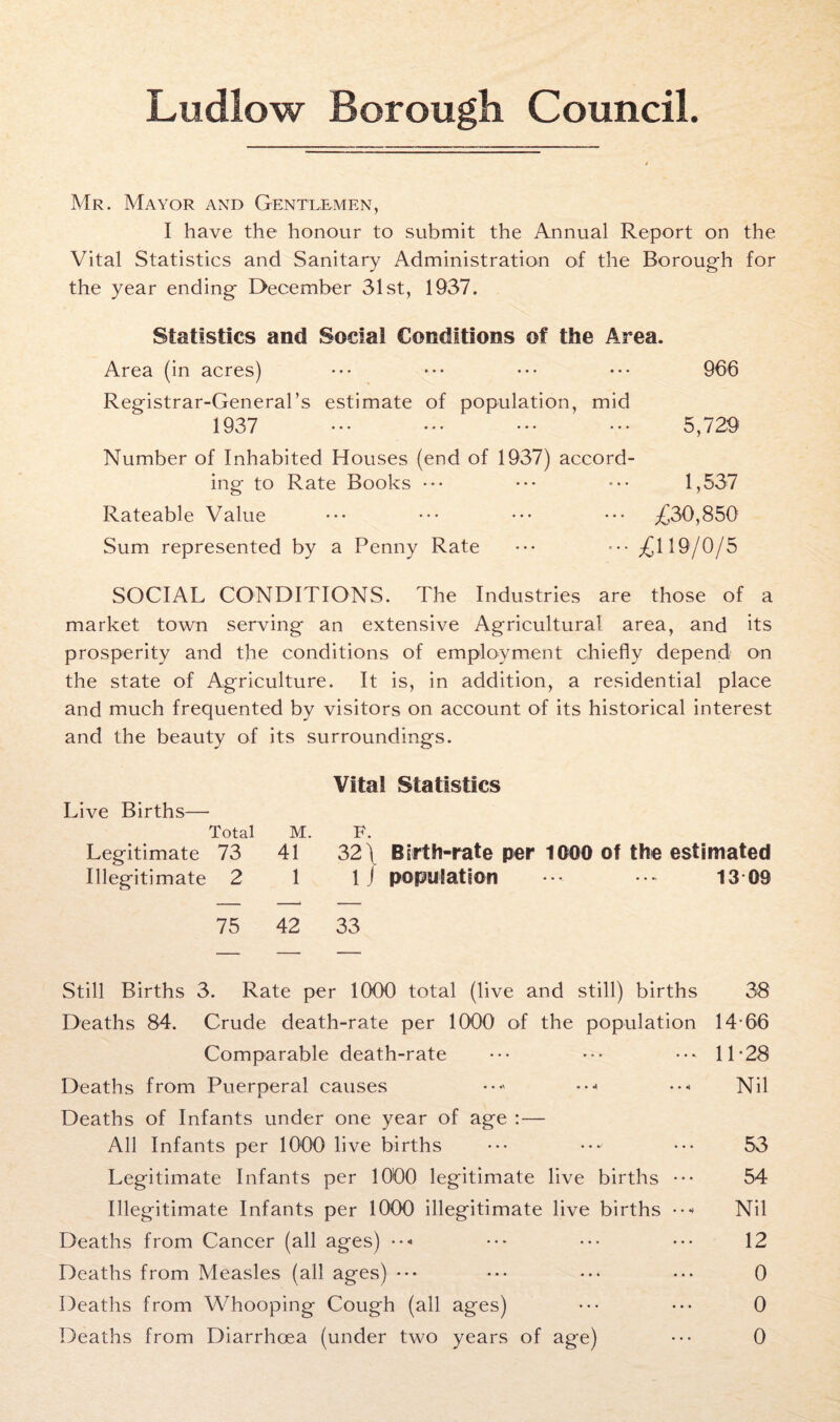 Ludlow Borough Council. Mr. Mayor and Gentlemen, I have the honour to submit the Annual Report on the Vital Statistics and Sanitary Administration of the Borough for the year ending December 31st, 1937. Statistics and Social Conditions of the Area. Area (in acres) ••• ••• ••• 966 Registrar-General’s estimate of population, mid 1937 ••• ••• — ••• 5,729 Number of Inhabited Houses (end of 1937) accord¬ ing to Rate Books ••• ••• ••• 1,537 Rateable Value ••• ••• ••• ••• £30,850 Sum represented by a Penny Rate ••• ••• £119/0/5 SOCIAL CONDITIONS. The Industries are those of a market town serving an extensive Agricultural area, and its prosperity and the conditions of employment chiefly depend on the state of Agriculture. It is, in addition, a residential place and much frequented by visitors on account of its historical interest and the beauty of its surroundings. Vital Statistics Live Births— Total M. F. Legitimate 73 41 32 \ Birth-rate per 1000 of the estimated Illegitimate 2 1 1J population 13 09 75 42 33 Still Births 3. Rate per 1000 total (live and still) births 38 Deaths 84. Crude death-rate per 1000 of the population 14-66 Comparable death-rate ••• ••• ••*11*28 Deaths from Puerperal causes ••- ••< ••« Nil Deaths of Infants under one year of age :— All Infants per 1000 live births ••• •••' ••• 53 Legitimate Infants per 1000 legitimate live births ••• 54 Illegitimate Infants per 1000 illegitimate live births •••> Nil Deaths from Cancer (all ages) ••« ••• ••• ••• 12 Deaths from Measles (all ages) ••• ••• ••• ••• 0 Deaths from Whooping Cough (all ages) ••• ••• 0 Deaths from Diarrhcea (under two years of age) ••• 0