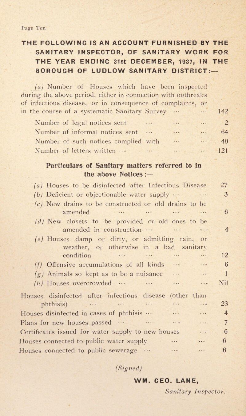 THE FOLLOWING IS AN ACCOUNT FURNISHED BY THE SANITARY INSPECTOR, OF SANITARY WORK FOR THE YEAR ENDING 31 St DECEMBER, 1937, !N THE BOROUGH OF LUDLOW SANITARY DISTRICT:— (a) Number of Houses which have been inspected during- the above period, either in connection with outbreaks of infectious disease, or in consequence of complaints, or in the course of a systematic Sanitary Survey ••• ••• 142 Number of legal notices sent ••• ••• ••• 2 Number of informal notices sent ••• ••• 64 Number of such notices complied with •••■ ••• 49 Number of letters written •••> ••• ••• ••• 12,1 Particulars of Sanitary matters referred to In the above Notices (a) Houses to be disinfected after Infectious Disease 27 (b) Deficient or objectionable water supply •••■ ••• 3 (c) New drains to be constructed or old drains to be amended ••• ••• ••• ••• 6 (d) New closets to be provided or old ones to be amended in construction •••> 4 (e) Houses damp or dirty, or admitting rain, or weather, or otherwise in a bad sanitary condition ••• ••• ••• •••* 12 (f) Offensive accumulations of all kinds ••• •••'- 6 (g) Animals so kept as to be a nuisance ••• ••• 1 (h) Houses overcrowded ••• ••• Nil Houses disinfected after infectious disease (other than phthisis) ••• •••■ ••• •••' 23 Houses disinfected in cases of phthisis ••• ••• ••• 4 Plans for new houses passed ••• •••’ ••• 7 Certificates issued for water supply to new houses ••• 6 Houses connected to public water supply ••• ••• 6 Houses connected to public sewerage ••• •••■ ••• 6 (Signed) WM. GEO. LANE,