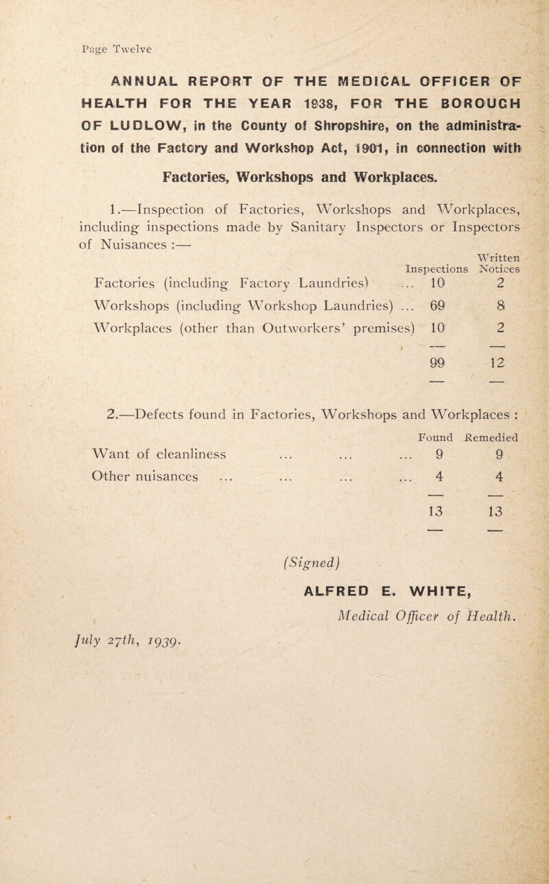 Page Twelve ANNUAL REPORT OF THE MEDICAL OFFICER OF HEALTH FOR THE YEAR 1038, FOR THE BOROUGH OF LUDLOW, in the County of Shropshire, on the administra¬ tion of the Factory and Workshop Act, 1881, in connection with Factories, Workshops and Workplaces. 1.—Inspection of Factories, Workshops and Workplaces, including- inspections made by Sanitary Inspectors or Inspectors of Nuisances :—- Written Inspections Notices Factories (including Factory Laundries) ... 10 2 Workshops (including Workshop Laundries) ... 69 8 Workplaces (other than Outworkers’ premises) 101 2 99 12 2.—Defects found in Factories, Workshops and Workplaces : Found Remedied Want of cleanliness ... ... ... 9 9 Other nuisances ... ... ... ... 4 4 13 13 ( Signed) ALFRED E. WHITE, Medical Officer of Health. July 2fth, 1939.