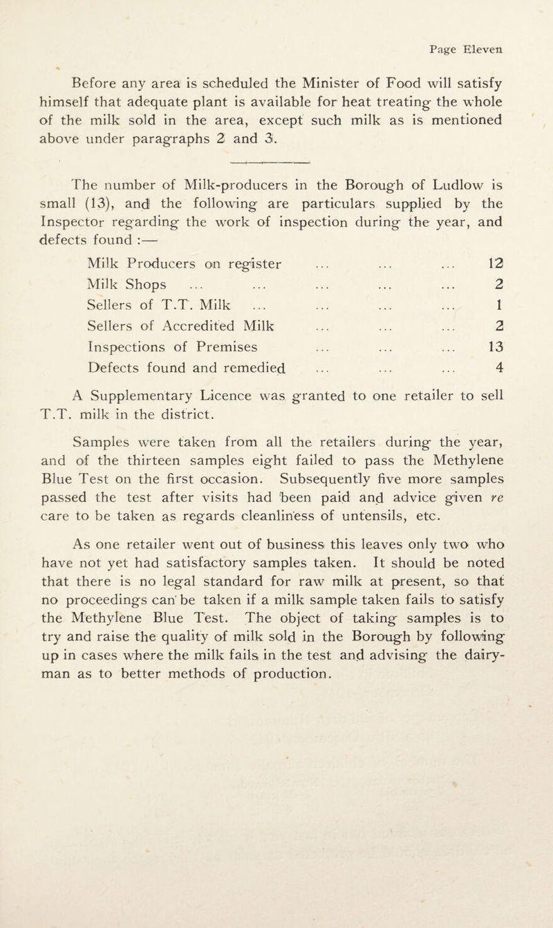 Before any area is scheduled the Minister of Food will satisfy himself that adequate plant is available for heat treating the whole of the milk sold in the area, except such milk as is mentioned above under paragraphs 2 and 3. The number of Milk-producers in the Borough of Ludlow is small (13), and the following are particulars supplied by the Inspector regarding the work of inspection during the year, and defects found :— Milk Producers on register ... ... ... 12 Milk Shops ... ... ... ... ... 2 Sellers of T.T. Milk ... ... ... ... 1 Sellers of Accredited Milk ... ... ... 2 Inspections of Premises ... ... ... 13 Defects found and remedied ••• ••• ••• 4 A Supplementary Licence was granted to one retailer to sell T.T. milk in the district. Samples were taken from all the retailers during the year, and of the thirteen samples eight failed to pass the Methylene Blue Test on the first occasion. Subsequently five more samples passed the test after visits had been paid and advice given re care to be taken as regards cleanliness of untensils, etc. As one retailer went out of business this leaves only two who have not yet had satisfactory samples taken. It should be noted that there is no legal standard for raw milk at present, so> that no proceedings can' be taken if a milk sample taken fails to satisfy the Methylene Blue Test. The object of taking samples is to try and raise the qualify of milk sold in the Borough by following up in cases where the milk fails in the test and advising the dairy¬ man as to better methods of production.