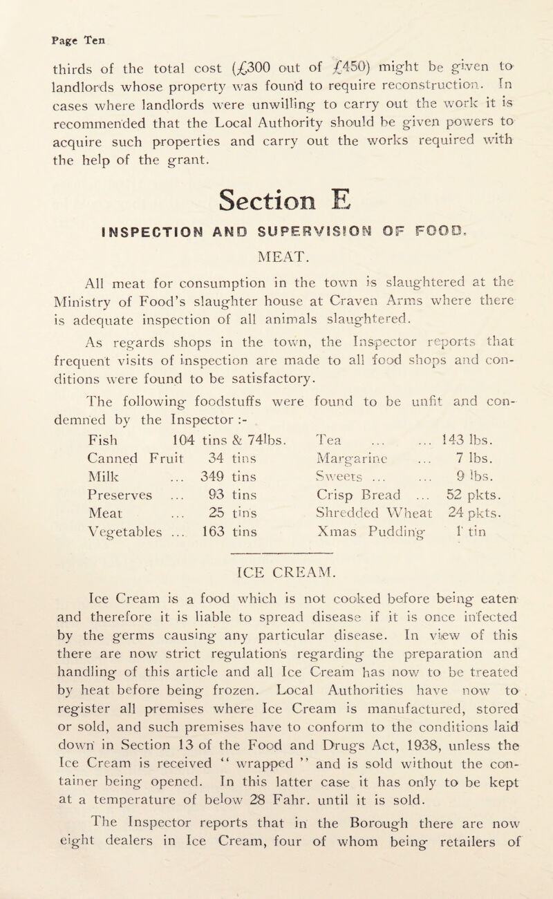 thirds of the total cost (£300 out of £450) might be given to landlords whose property was found to require reconstruction. In cases where landlords were unwilling to carry out the work it is recommended that the Local Authority should be given powers to acquire such properties and carry out the works required with the help of the grant. Section E SMSPEGT10M AMD SUPERVISION OF FOOD, MEAT. All meat for consumption in the town is slaughtered at the Ministry of Food’s slaughter house at Craven Arms where there is adequate inspection of all animals slaughtered. As regards shops in the town, the Inspector reports that frequent visits of inspection are made to all food shops and con¬ ditions were found to be satisfactory. The following foodstuffs were found to be unfit and con¬ demned by the Inspector :- Fish 104 tins & 74lbs. Tea 143 lbs. Canned Fruit 34 tins Maro-arine o 7 lbs. Milk ... 349 tins Sweets ... 9 lbs. Preserves 93 tins Crisp Bread 52 pkts. Meat 25 tins Shredded Wheat 24 pkts. Vegetables ... 163 tins Xmas Pudding- o f tin ICE CREAM. Ice Cream is a food which is not cooked before being eaten and therefore it is liable to spread disease if it is once infected by the germs causing any particular disease. In view of this there are now strict regulation's regarding the preparation and handling of this article and all Ice Cream has now to be treated by heat before being frozen. Local Authorities have now to register all premises where Ice Cream is manufactured, stored or sold, and such premises have to conform to the conditions laid down in Section 13 of the Food and Drugs Act, 1938, unless the Ice Cream is received “ wrapped ” and is sold without the con¬ tainer being opened. In this latter case it has only to be kept at a temperature of below 28 Fahr. until it is sold. The Inspector reports that in the Borough there are now eight dealers in Ice Cream, four of whom being retailers of
