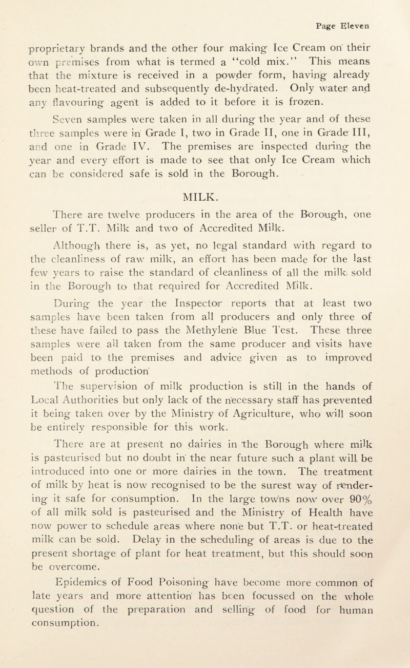 proprietary brands and the other four making Ice Cream on' their own premises from what is termed a “cold mix.” This means that the mixture is received in a powder form, having already been heat-treated and subsequently de-hydrated. Only water and any flavouring agent is added to it before it is frozen. Seven samples were taken in all during the year and of these three samples were in Grade I, two in Grade II, one in Grade III, and one in Grade IV. The premises are inspected during the year and every effort is made to see that only Ice Cream which can be considered safe is sold in the Borough. MILK. There are twelve producers in the area of the Borough, one seller of T.T. Milk and two of Accredited Milk. Although there is, as yet, no legal standard with regard to the cleanliness of raw milk, an effort has been made for the last few years tos raise the standard of cleanliness of all the milk, sold m tne Borough to that required for Accredited Milk. During the year the Inspector reports that at least two samples have been taken from all producers and only three of these have failed to pass the Methylene Blue Test. These three samples were all taken from the same producer and visits have been paid to, the premises and advice given as to improved methods of production' The supervision of milk production is still in the hands of Local Authorities but only lack of the necessary staff has prevented it being taken over by the Ministry of Agriculture, who, will soon be entirely responsible for this work. There are at present no dairies in the Borough where milk is pasteurised but no doubt in' the near future such a plant will, be introduced into one or more dairies in the town. The treatment of milk by heat is now recognised to be the surest way of render¬ ing it safe for consumption. In the large towns now1 over 90% of all milk sold is pasteurised and the Ministry of Health have now power to schedule areas where none but T.T. or heat-treated milk can be sold. Delay in the scheduling of areas is due to the present shortage of plant for heat treatment, but this should soon be overcome. Epidemics of Food Poisoning have become more common of late years and more attention' has been focussed on the whole question of the preparation and selling of food for human consumption.
