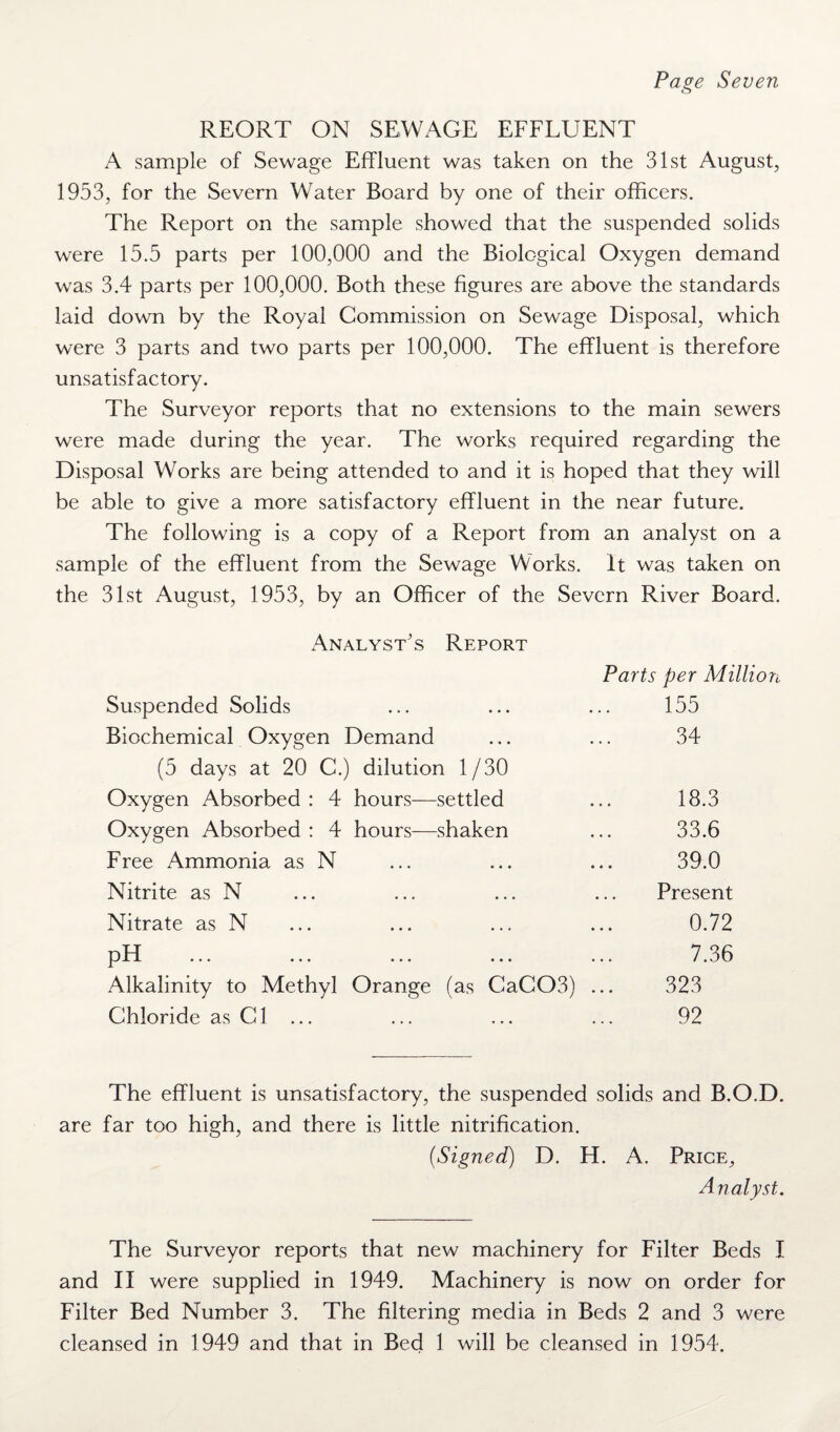 Page Seven REORT ON SEWAGE EFFLUENT A sample of Sewage Effluent was taken on the 31st August, 1953, for the Severn Water Board by one of their officers. The Report on the sample showed that the suspended solids were 15.5 parts per 100,000 and the Biological Oxygen demand was 3.4 parts per 100,000. Both these figures are above the standards laid down by the Royal Commission on Sewage Disposal, which were 3 parts and two parts per 100,000. The effluent is therefore unsatisfactory. The Surveyor reports that no extensions to the main sewers were made during the year. The works required regarding the Disposal Works are being attended to and it is hoped that they will be able to give a more satisfactory effluent in the near future. The following is a copy of a Report from an analyst on a sample of the effluent from the Sewage Works. It was taken on the 31st August, 1953, by an Officer of the Severn River Board. Analyst's Report Suspended Solids Biochemical Oxygen Demand (5 days at 20 C.) dilution 1/30 34 Oxygen Absorbed : 4 hours— -settled 18.3 Oxygen Absorbed : 4 hours— -shaken 33.6 Free Ammonia as N • • • . • • 39.0 Nitrite as N • • • • • • Present Nitrate as N ... • • * 0.72 pH ♦ • • * • • 7.36 Alkalinity to Methyl Orange (as CaC03) ... 323 Chloride as Cl ... 92 Parts per Million 155 The effluent is unsatisfactory, the suspended solids and B.O.D. are far too high, and there is little nitrification. (Signed) D. H. A. Price, Analyst. The Surveyor reports that new machinery for Filter Beds I and II were supplied in 1949. Machinery is now on order for Filter Bed Number 3. The filtering media in Beds 2 and 3 were cleansed in 1949 and that in Bed 1 will be cleansed in 1954.