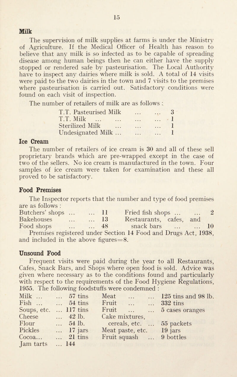 Milk The supervision of milk supplies at farms is under the Ministry of Agriculture. If the Medical Officer of Health has reason to believe that any milk is so infected as to be capable of spreading disease among human beings then he can either have the supply stopped or rendered safe by pasteurisation. The Local Authority have to inspect any dairies where milk is sold. A total of 14 visits were paid to the two dairies in the town and 7 visits to the premises where pasteurisation is carried out. Satisfactory conditions were found on each visit of inspection. The number of retailers of milk are as follows : T.T. Pasteurised Milk T.T. Milk . Sterilized Milk Undesignated Milk ... Ice Cream 3 1 1 1 The number of retailers of ice cream is 30 and all of these sell proprietary brands which are pre-wrapped except in the case of two of the sellers. No ice cream is manufactured in the town. Four samples of ice cream were taken for examination and these all proved to be satisfactory. Food Premises The Inspector reports that the number and type of food premises are as follows : Butchers’ shops ... ... 11 Fried fish shops ... ... 2 Bakehouses ... ... 13 Restaurants, cafes, and Food shops ... ... 48 snackbars ... ... 10 Premises registered under Section 14 Food and Drugs Act, 1938, and included in the above figures=8. Unsound Food Frequent visits were paid during the year to all Restaurants, Cafes, Snack Bars, and Shops where open food is sold. Advice was given where necessary as to the conditions found and particularly with respect to the requirements of the Food Hygiene Regulations, 1955. The following foodstuffs were condemned : Milk ... ... 57 tins Meat 125 tins and 98 lb. Fish ... ... 54 tins Fruit 332 tins Soups, etc. ... 117 tins Fruit 5 cases oranges Cheese ... 42 1b. Cake mixtures, Flour ... 54 1b. cereals, etc. ... 55 packets Pickles ... 17 jars Meat paste, etc. 19 jars Cocoa... ... 21 tins Fruit squash 9 bottles Jam tarts ... 144