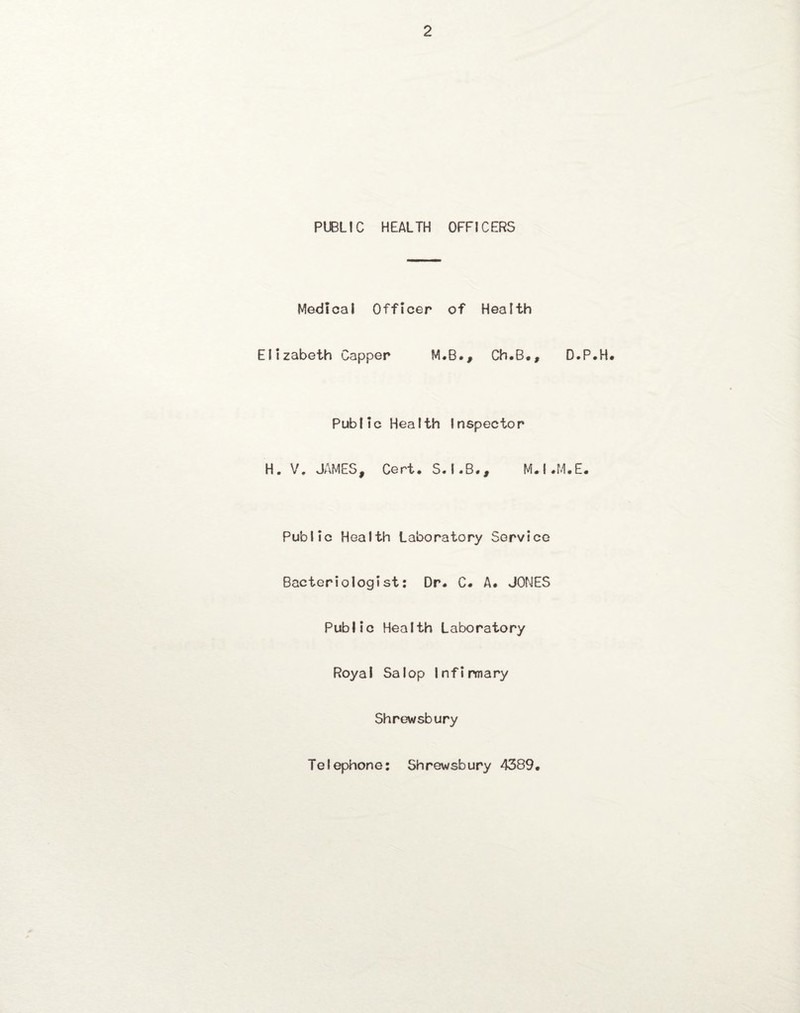 PUBLIC HEALTH OFFICERS Medical Officer of Health Elizabeth Capper M.B., Ch.B., D.P.H. Public Health Inspector H. V. JAMES, Cert. S.I.B., M.I.M.E. Public Health Laboratory Service Bacteriologist: Dr. C. A. JONES Public Health Laboratory Royal Salop Infirmary Shrewsbury Telephone: Shrewsbury 4389.