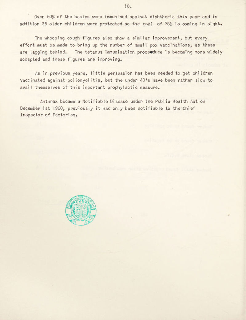 Over 60% of the babies were immunised against diphtheria this year and In addition 36 older children were protected so the goal of 75% is coming in sight* The whooping cough figures also show a similar improvement, but every effort must be made to bring up the number of small pox vaccinations, as these are lagging behind. The tetanus immunisation procedure is becoming more widely accepted and these figures are improving. As in previous years, little persuasion has been needed to get children vaccinated against poliomyelitis, but the under 40fs have been rather slow to avail themselves of this important prophylactic measure. Anthrax became a Notifiable Disease under the Public Health Act on December 1st I960, previously it had only been notifiable to the Chief Inspector of Factories.