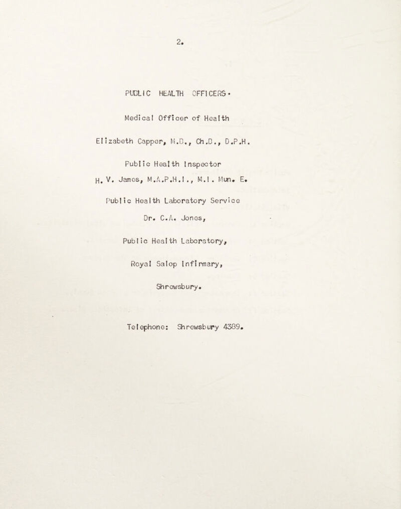PUDLIC HEALTH 0FF1CERS • Medical Officer of Health Elizabeth Capper, M.D,, Ch ,D ., D.P.H, Public Health Inspector H, V. James, M*A.P.H.l., M.l. Mun* E. Public Health Laboratory Service Dr* C*A* Jones, Public Health Laboratory, Royal Salop Infirmary, Shrewsbury* Telephone: Shrewsbury 4389*